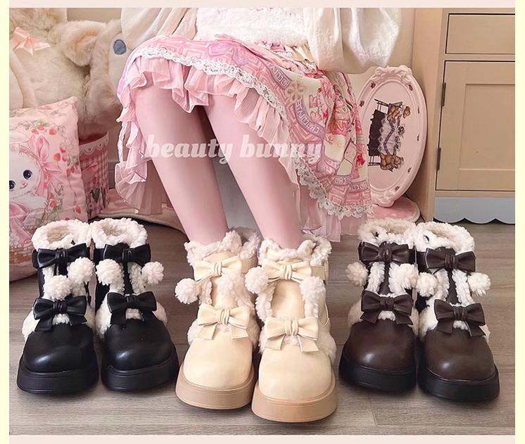 Beauty Bunny - Furry Bear - Winter Cute Lolita Shoes Short Snow Boots - Image 3