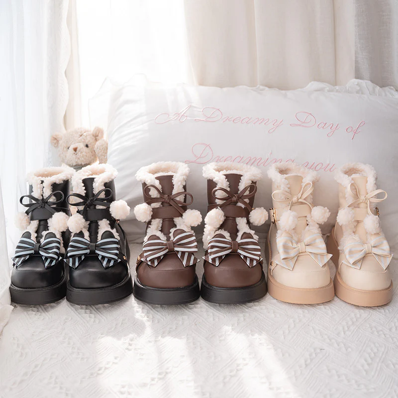 Beauty Bunny - Milk Bear - Winter Lolita Shoes Thick Sole Fleece Snow Boots - Image 10