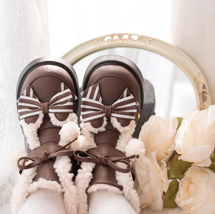 Beauty Bunny - Milk Bear - Winter Lolita Shoes Thick Sole Fleece Snow Boots - Image 9