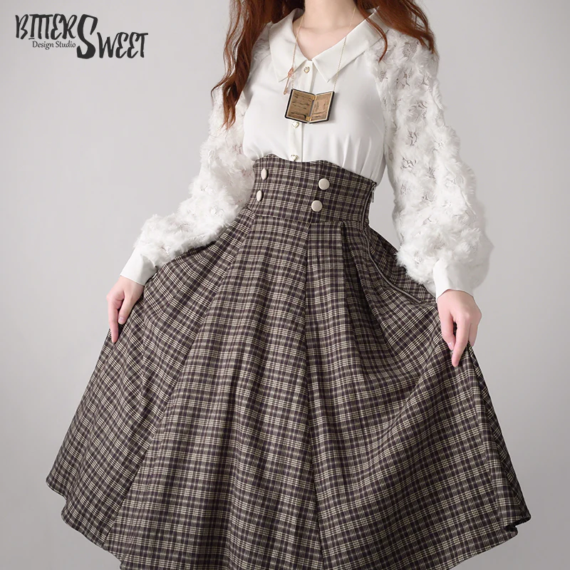 BitterSweet - Vintage Lolita Skirt Fishbone Tartan Super High Waist SK - Image 2