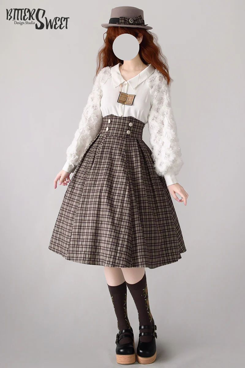 BitterSweet - Vintage Lolita Skirt Fishbone Tartan Super High Waist SK - Image 4