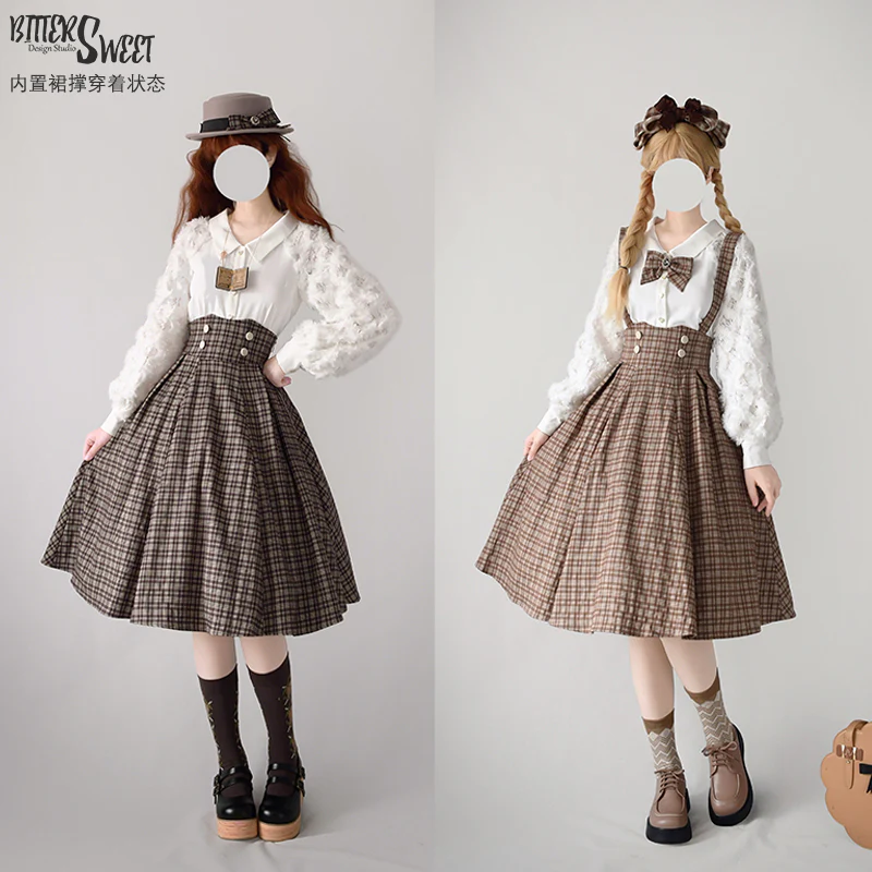 BitterSweet - Vintage Lolita Skirt Fishbone Tartan Super High Waist SK - Image 8