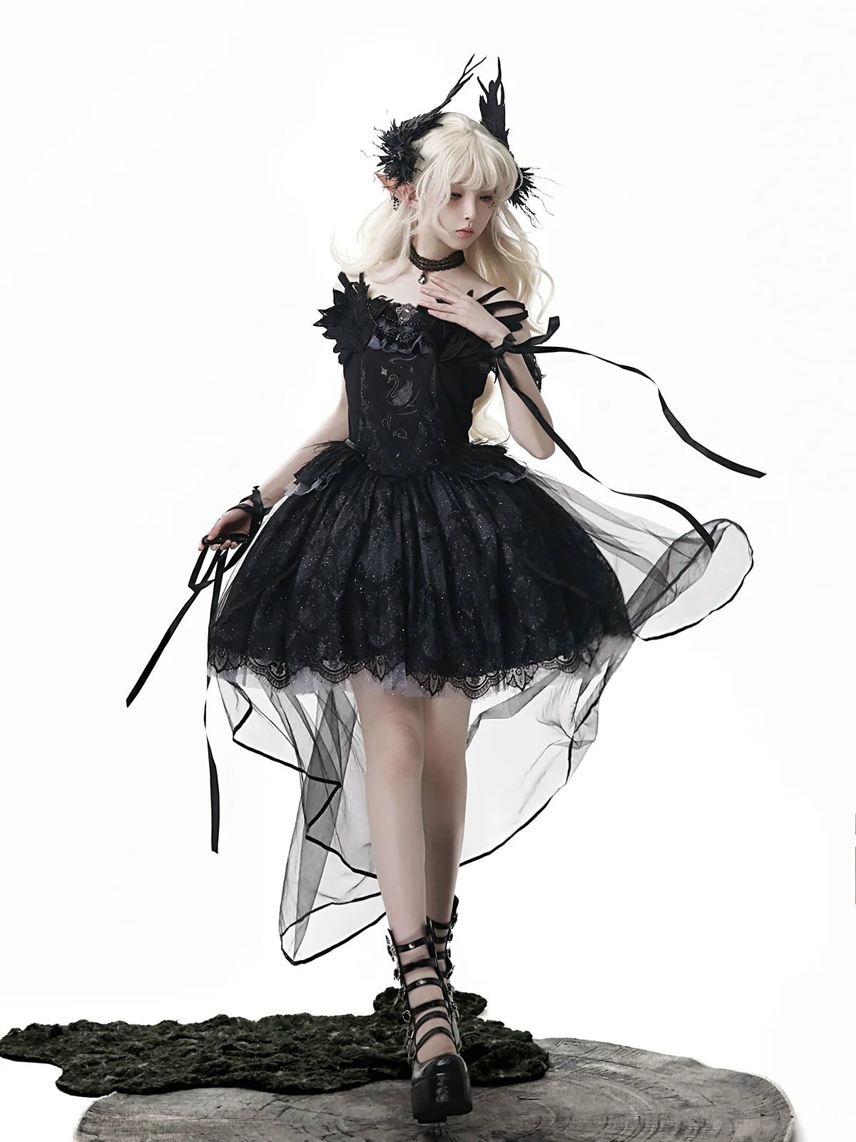 Star Swan Dream - Black Gothic Lolita JSK Dress, Swan Embroidery - Image 10