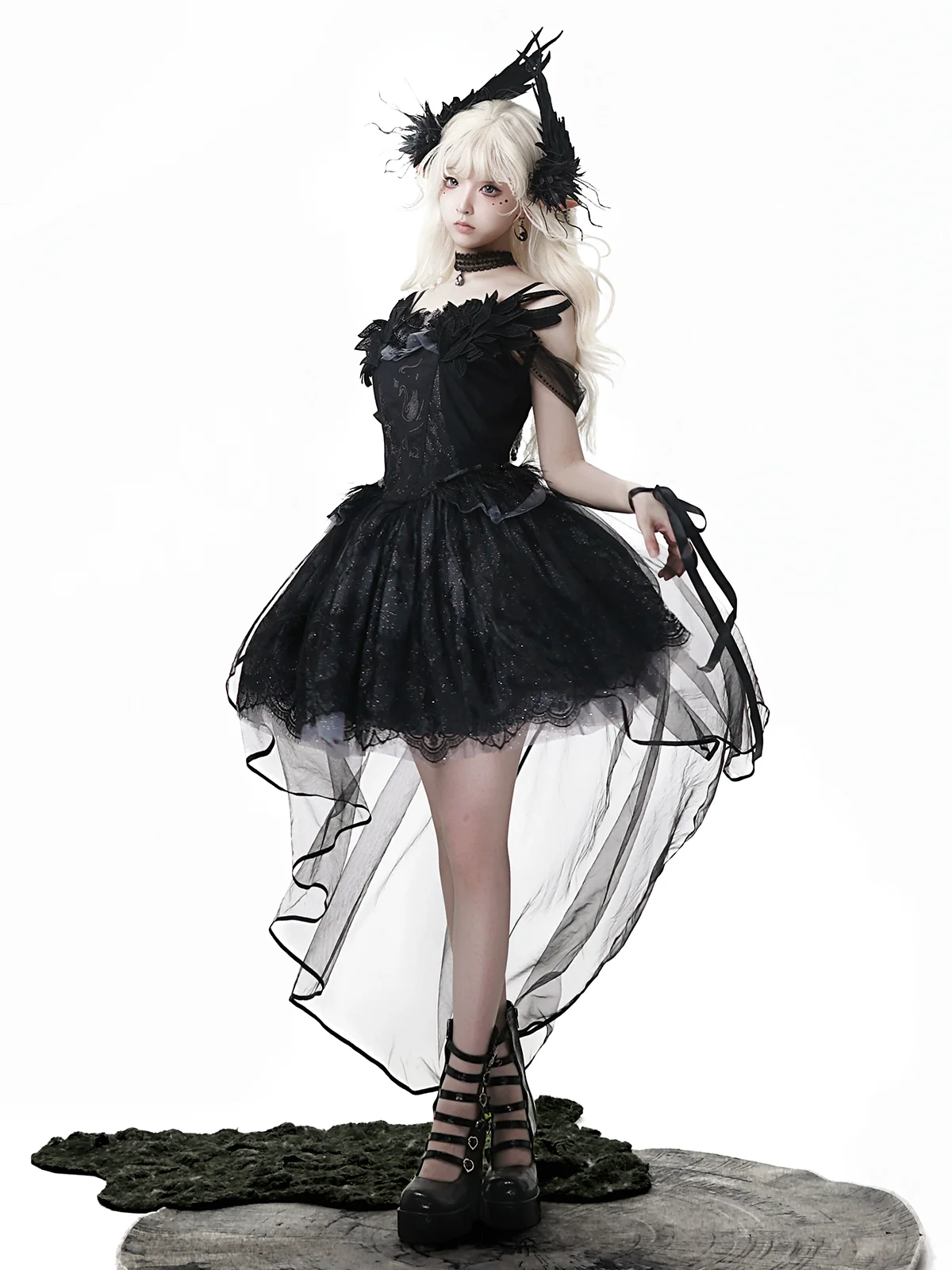 Star Swan Dream - Black Gothic Lolita JSK Dress, Swan Embroidery - Image 12