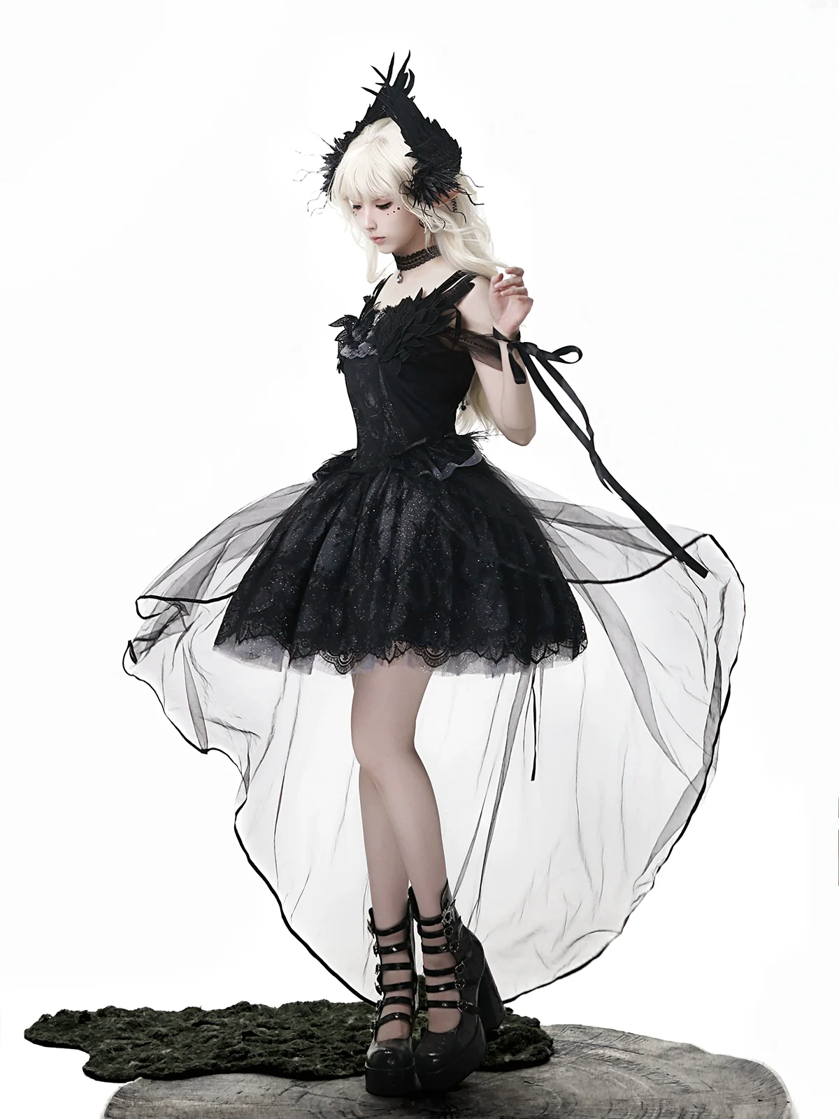 Star Swan Dream - Black Gothic Lolita JSK Dress, Swan Embroidery - Image 14