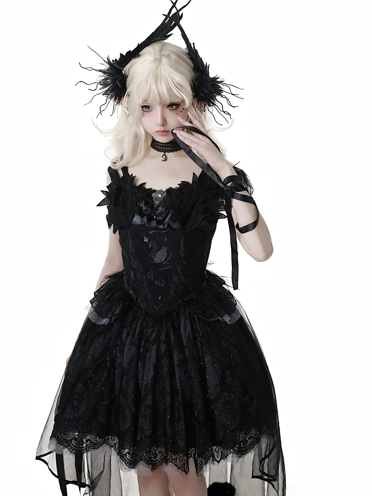 Star Swan Dream - Black Gothic Lolita JSK Dress, Swan Embroidery - Image 17