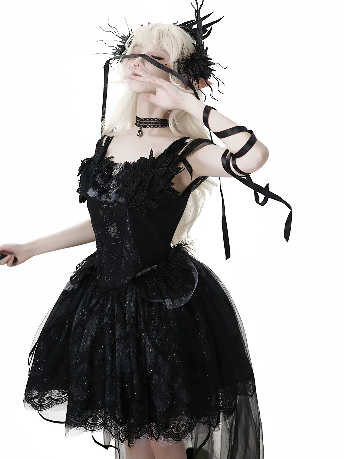 Star Swan Dream - Black Gothic Lolita JSK Dress, Swan Embroidery - Image 18