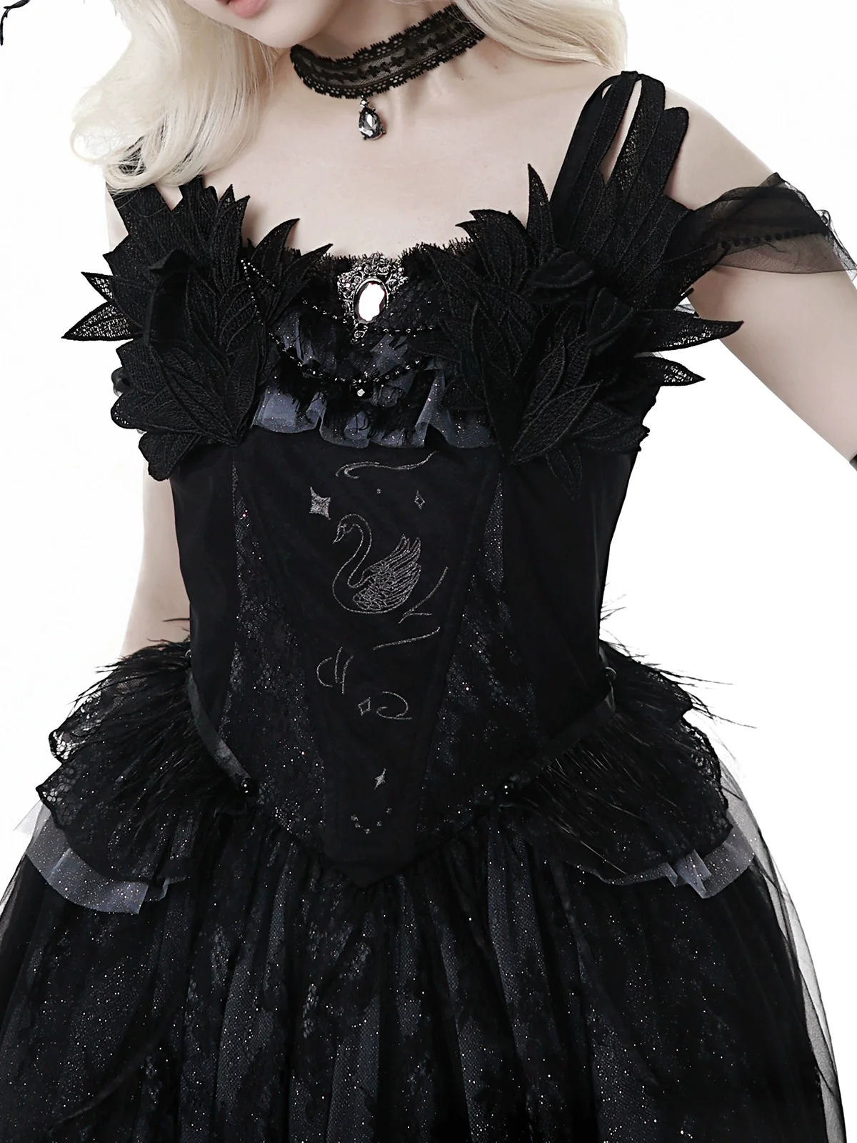 Star Swan Dream - Black Gothic Lolita JSK Dress, Swan Embroidery - Image 20