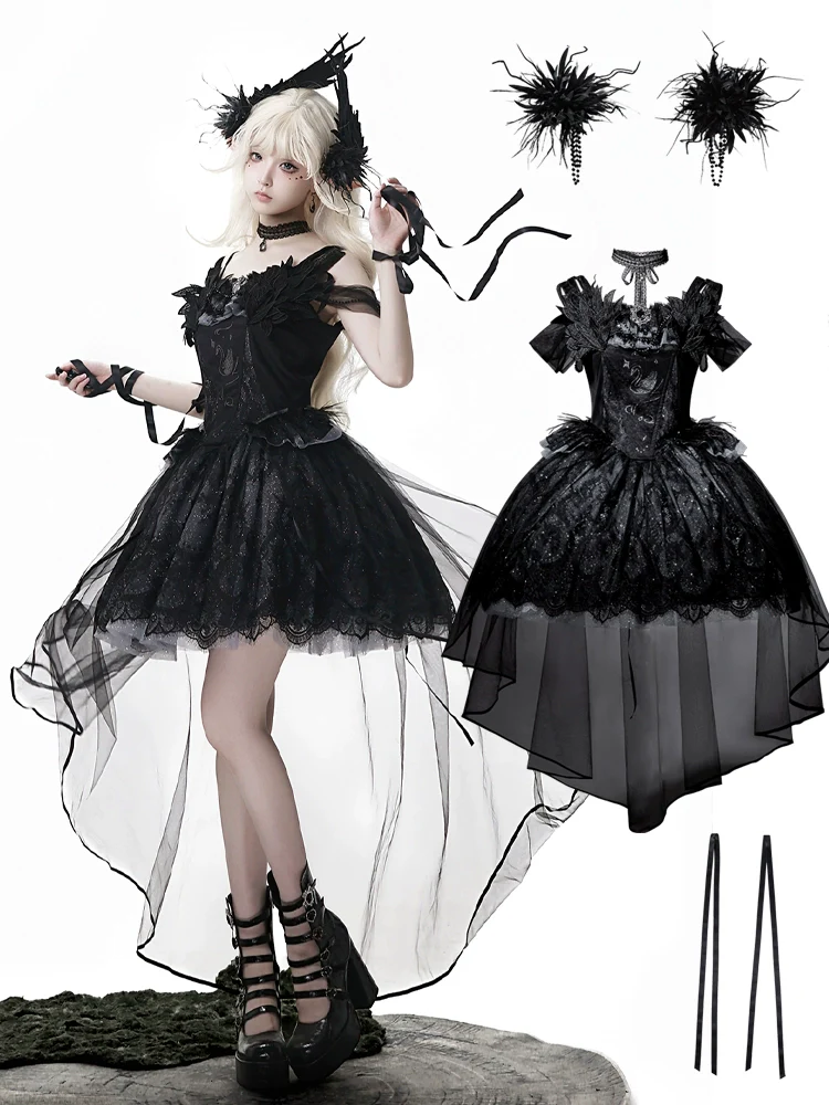 Star Swan Dream - Black Gothic Lolita JSK Dress, Swan Embroidery - Image 4
