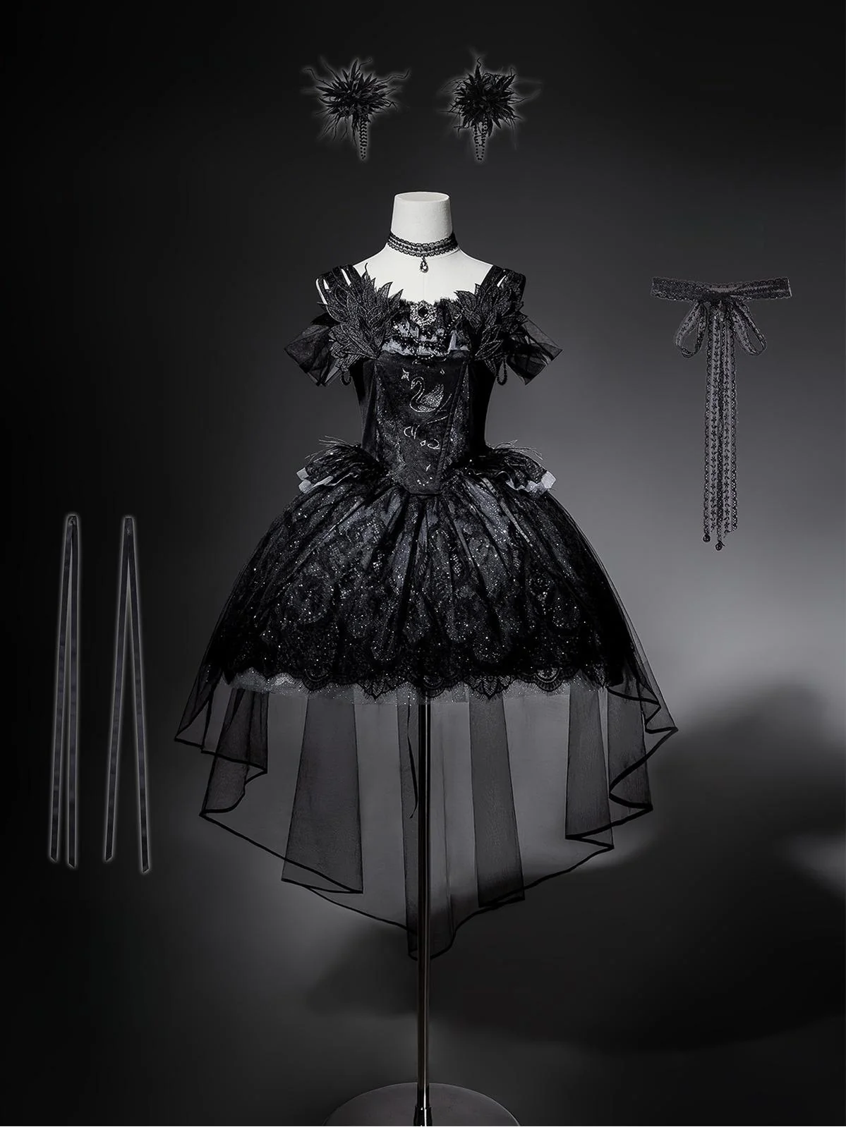 Star Swan Dream - Black Gothic Lolita JSK Dress, Swan Embroidery - Image 5