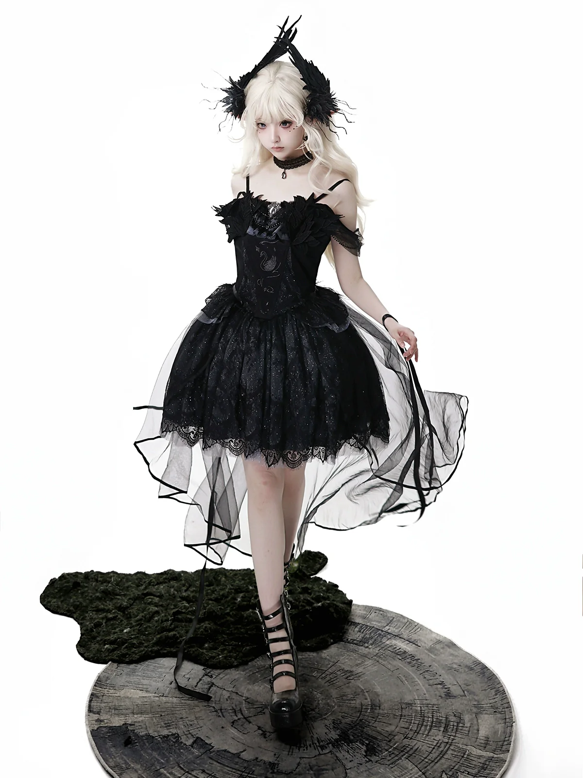 Star Swan Dream - Black Gothic Lolita JSK Dress, Swan Embroidery - Image 7