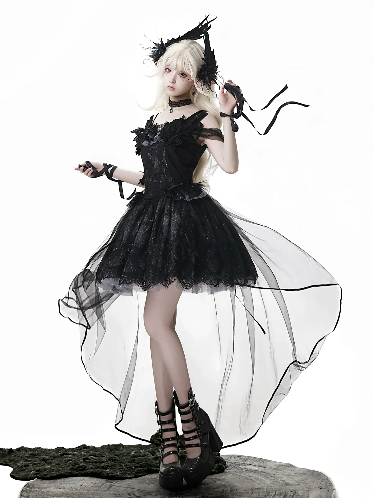 Star Swan Dream - Black Gothic Lolita JSK Dress, Swan Embroidery - Image 8