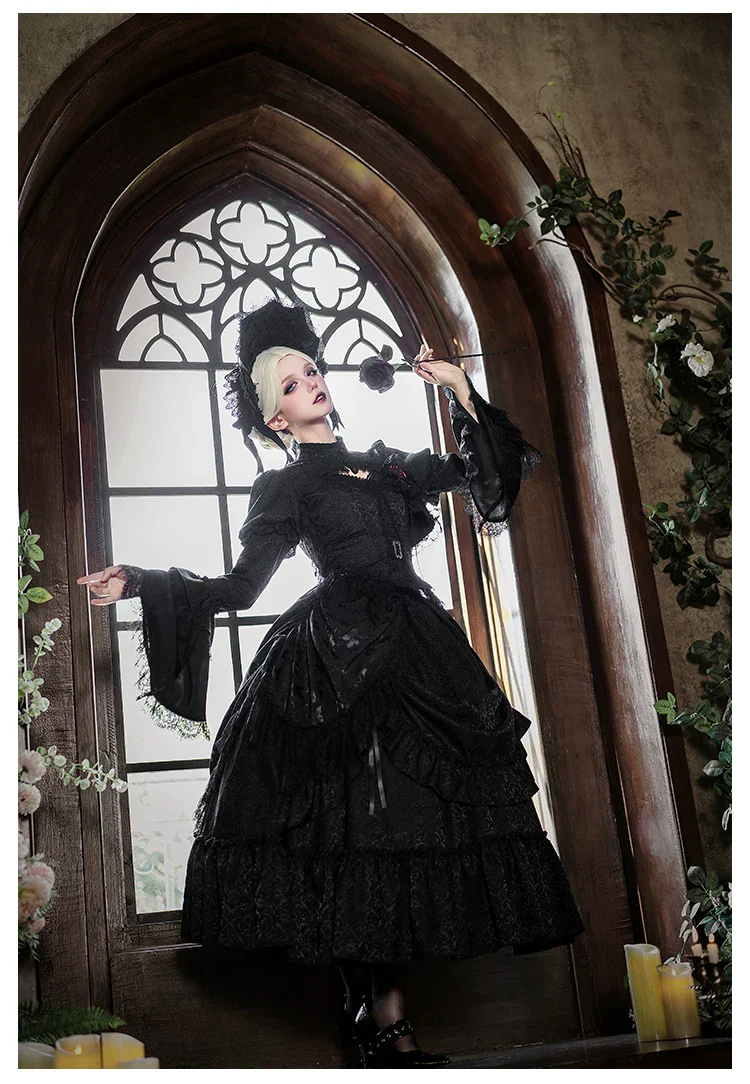 Under the Hanging Moon - Black Gothic Lolita SK Set, Modified Mamian Skirt - Image 16