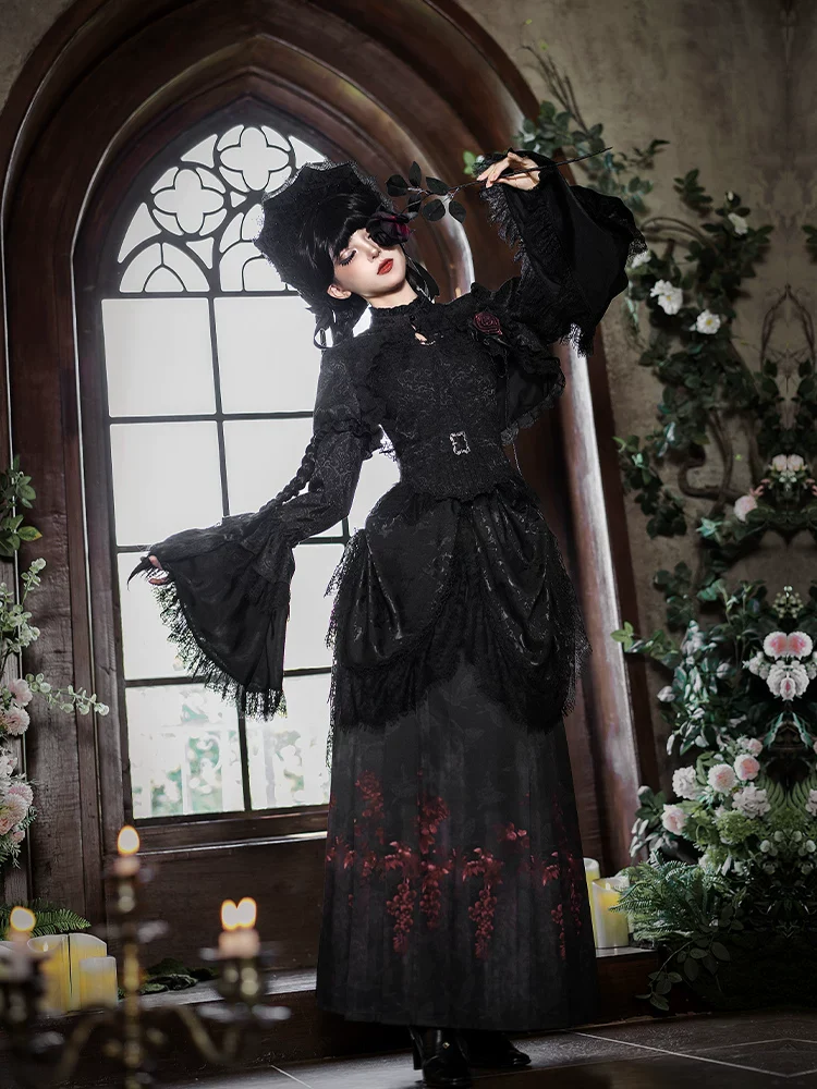 Under the Hanging Moon - Black Gothic Lolita SK Set, Modified Mamian Skirt - Image 19