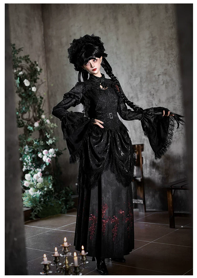 Under the Hanging Moon - Black Gothic Lolita SK Set, Modified Mamian Skirt - Image 21