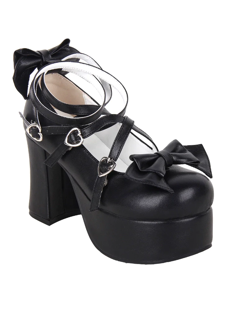 Angelic imprint - Maid Lolita Shoes High Heel Bow Round Toe Shoes - Image 3