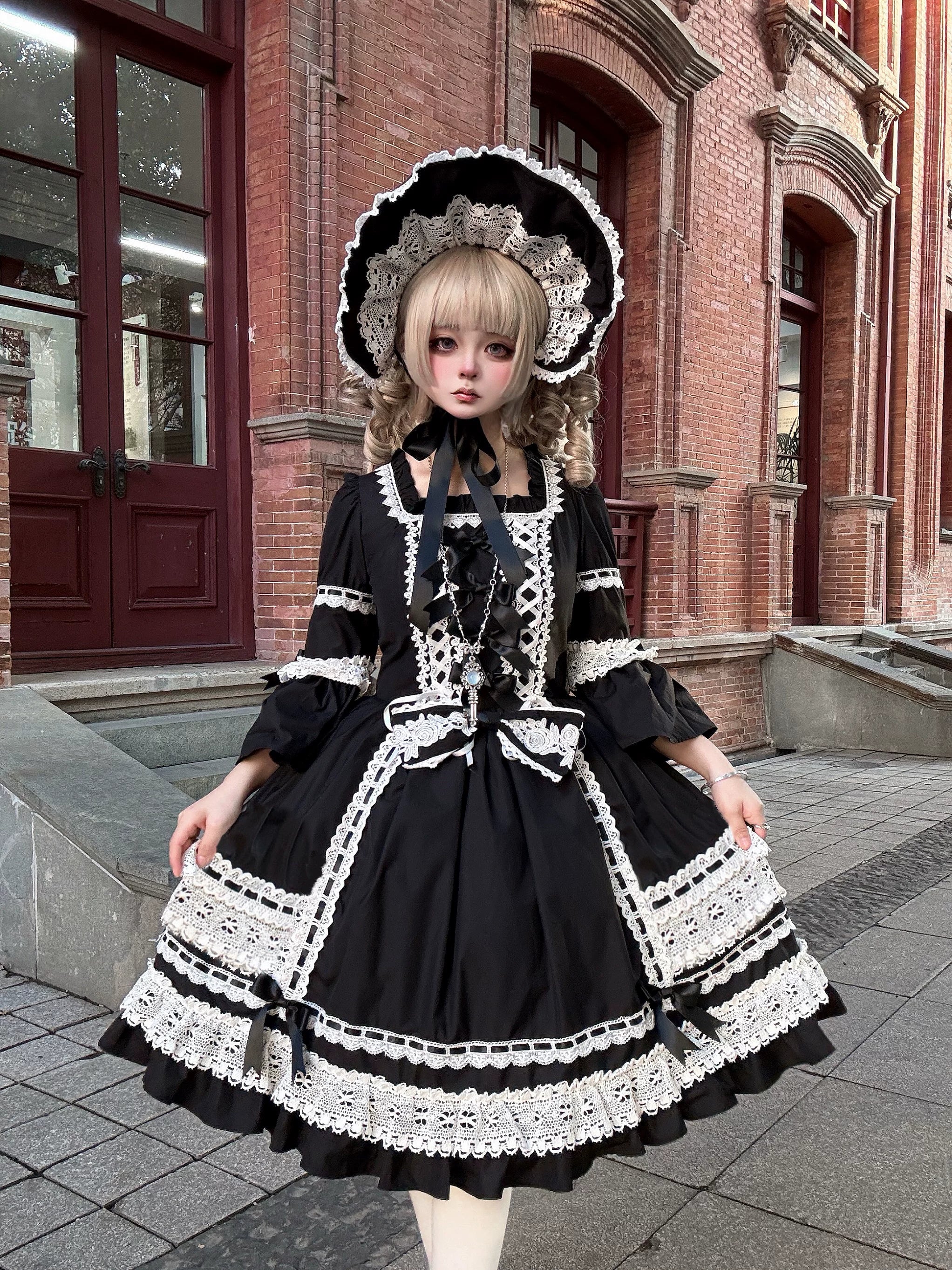 First Otome - Black Old School Lolita OP Dress, Lace Details - Image 10