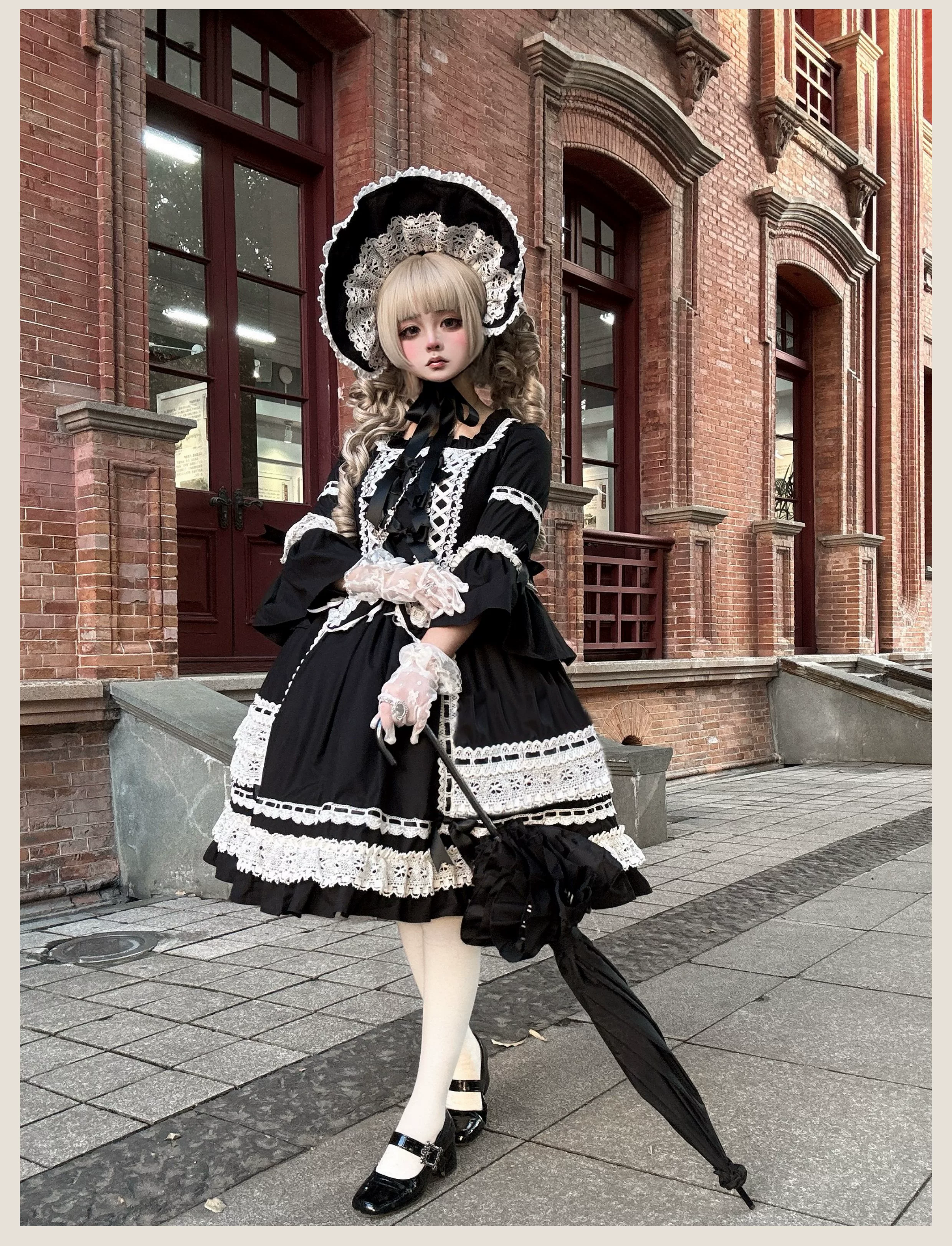 First Otome - Black Old School Lolita OP Dress, Lace Details - Image 11
