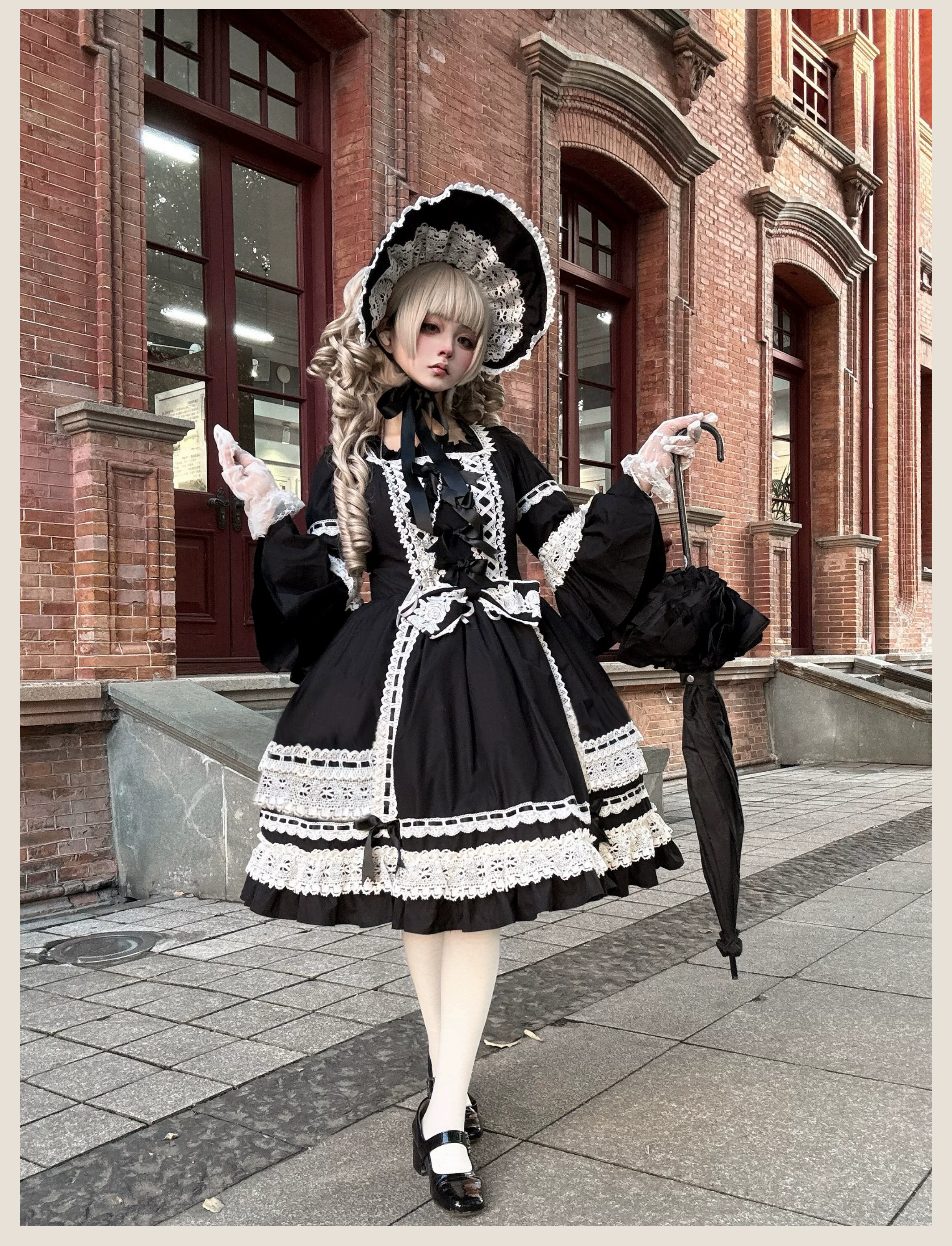 First Otome - Black Old School Lolita OP Dress, Lace Details - Image 12