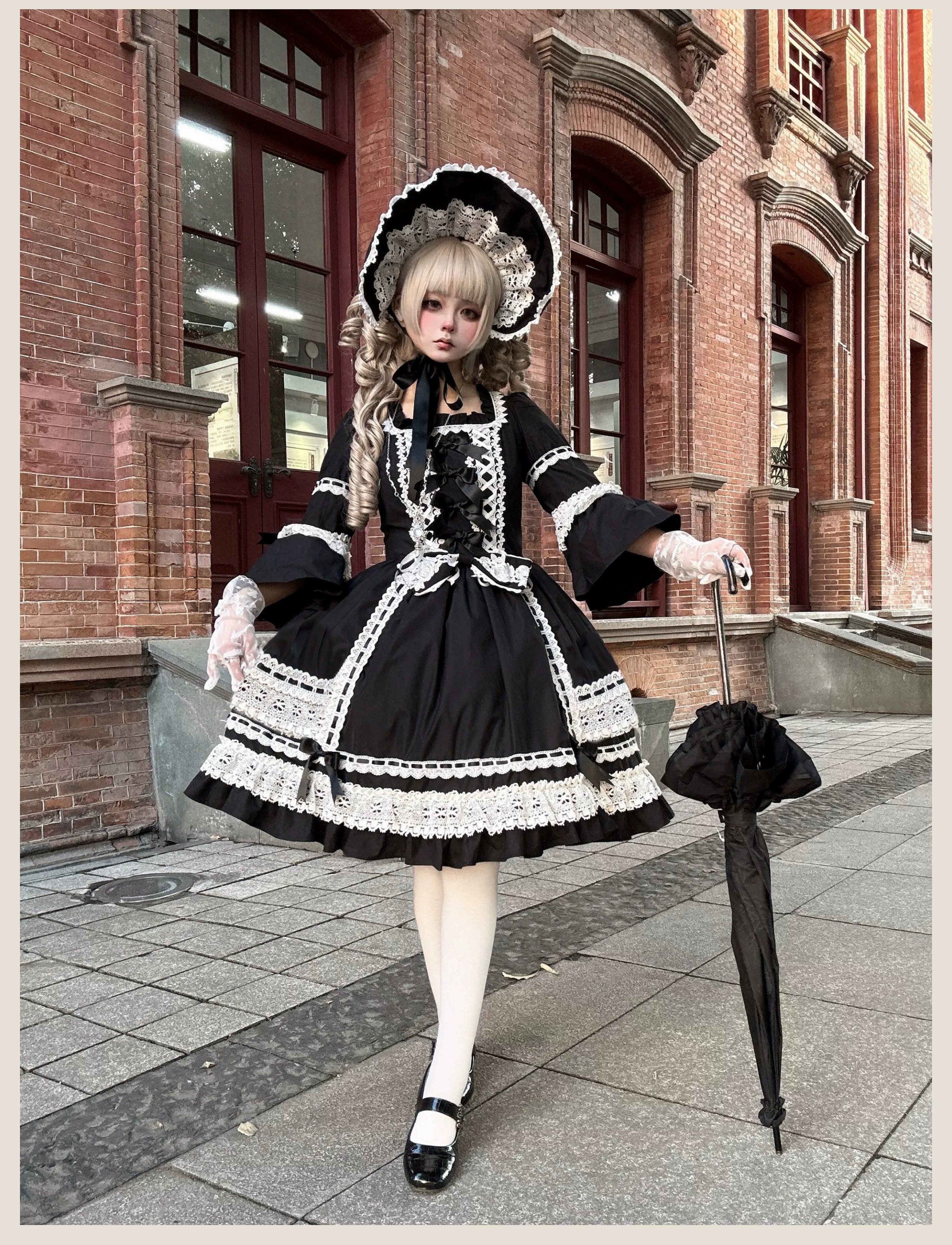 First Otome - Black Old School Lolita OP Dress, Lace Details - Image 13