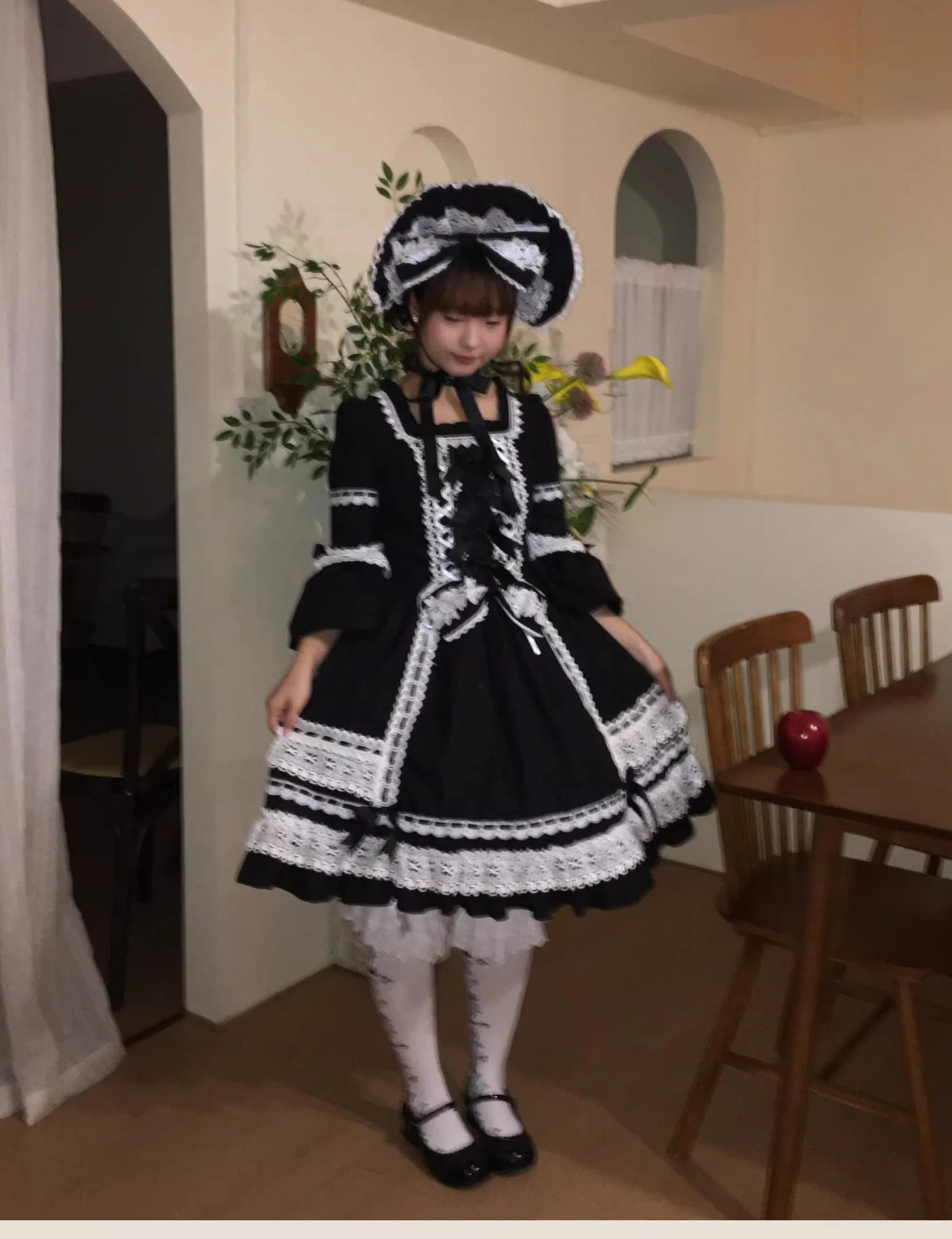 First Otome - Black Old School Lolita OP Dress, Lace Details - Image 14
