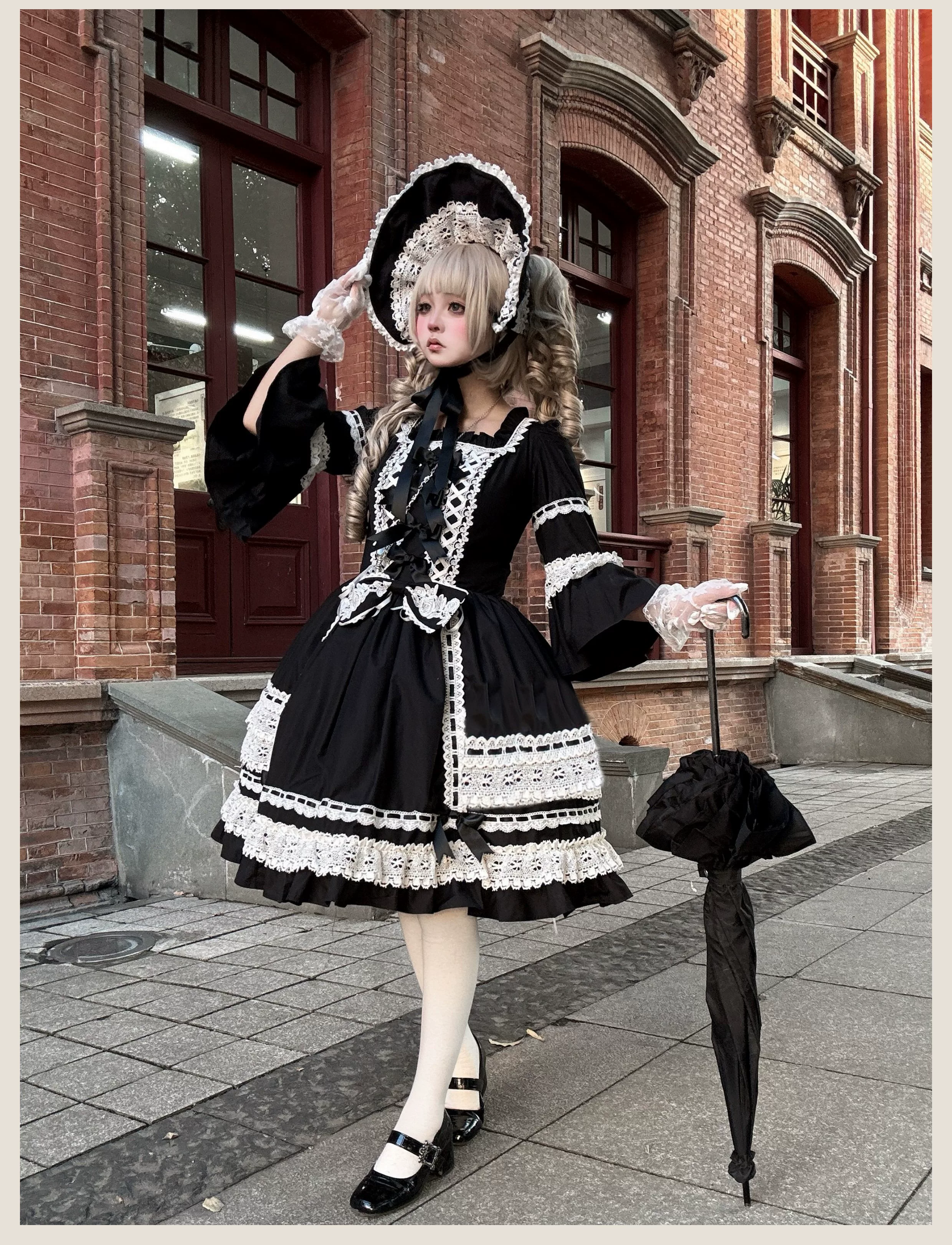 First Otome - Black Old School Lolita OP Dress, Lace Details - Image 3