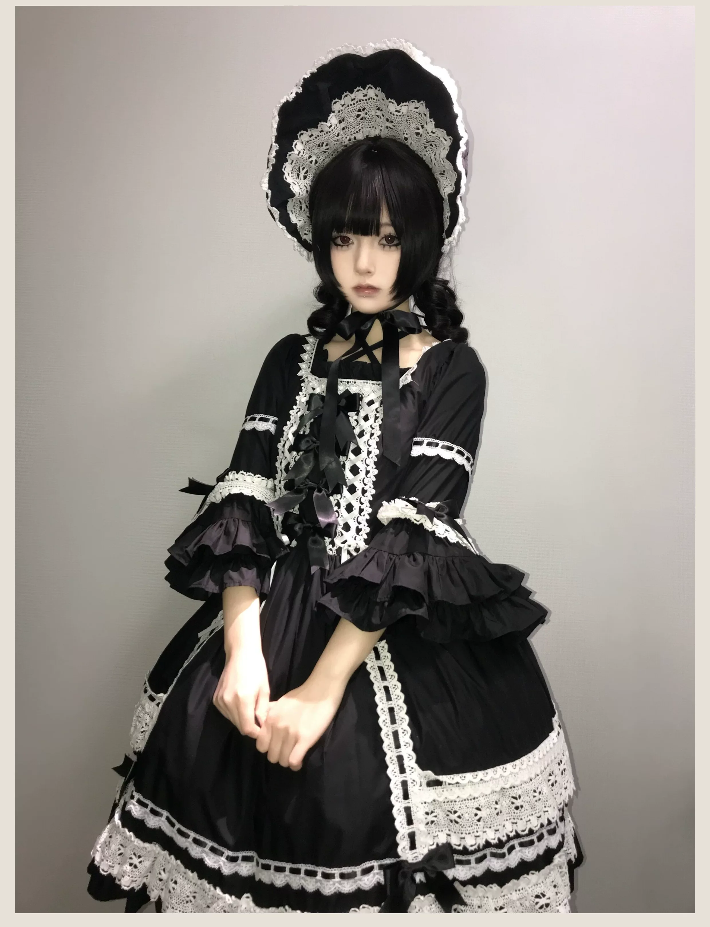 First Otome - Black Old School Lolita OP Dress, Lace Details - Image 5