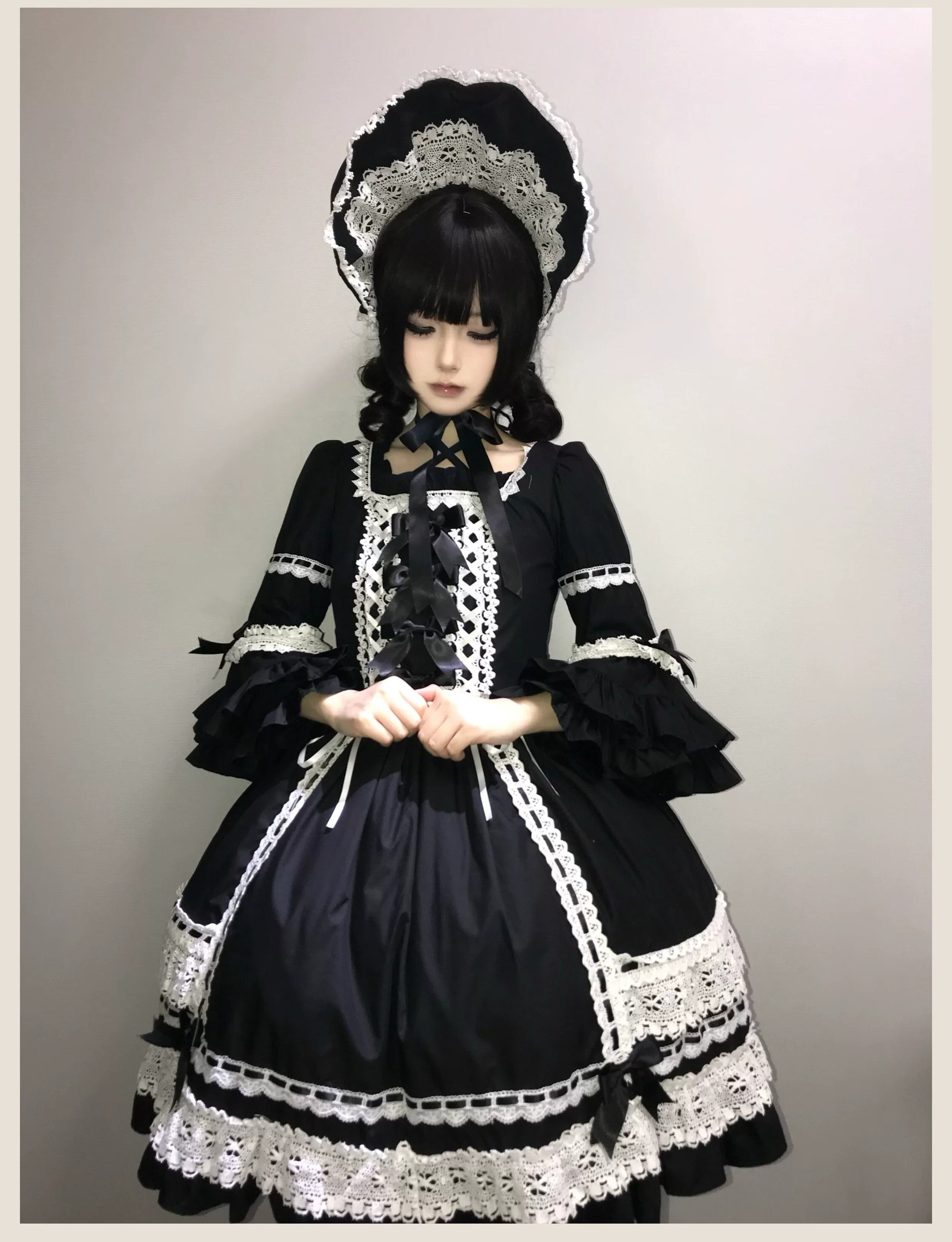 First Otome - Black Old School Lolita OP Dress, Lace Details - Image 6