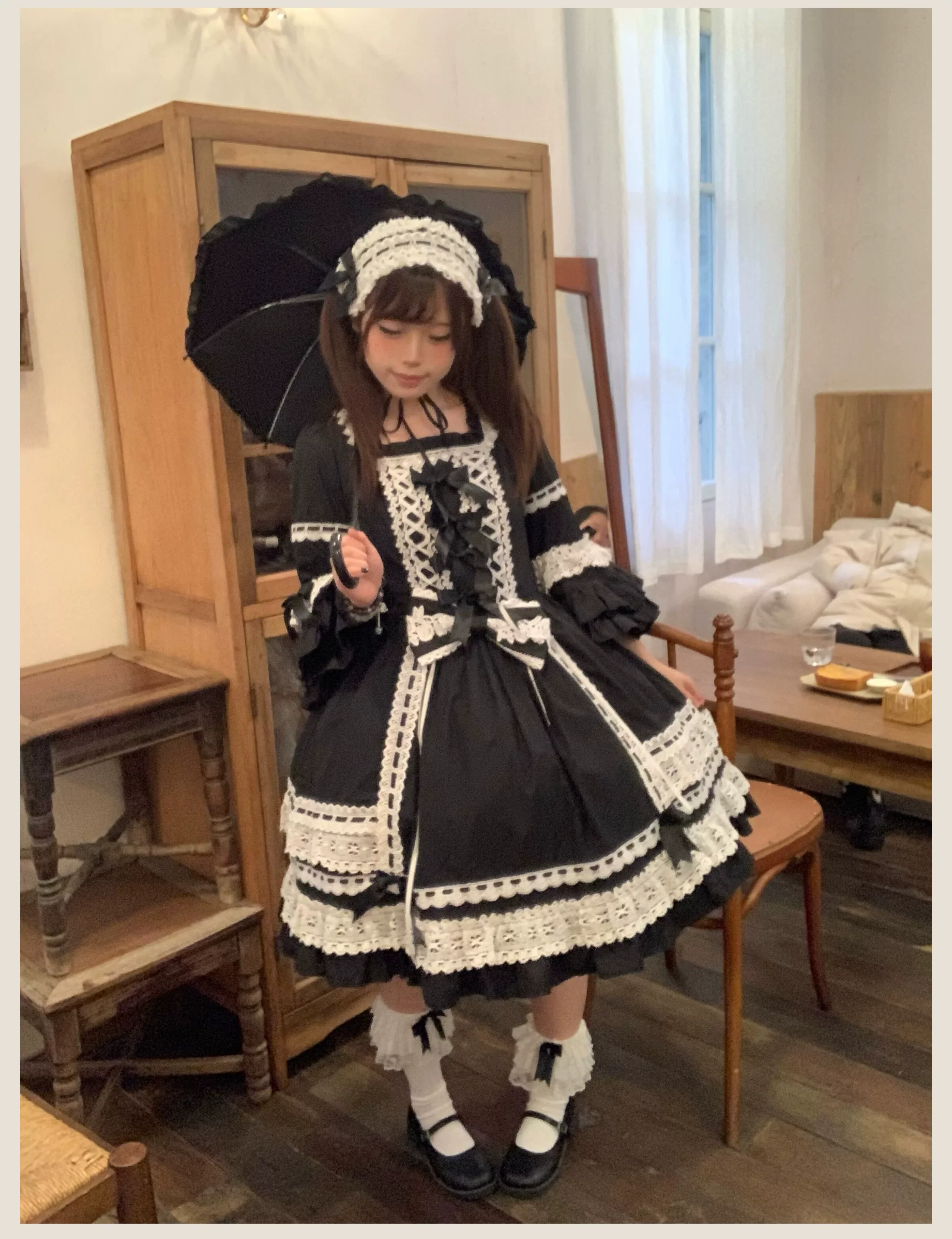 First Otome - Black Old School Lolita OP Dress, Lace Details - Image 7