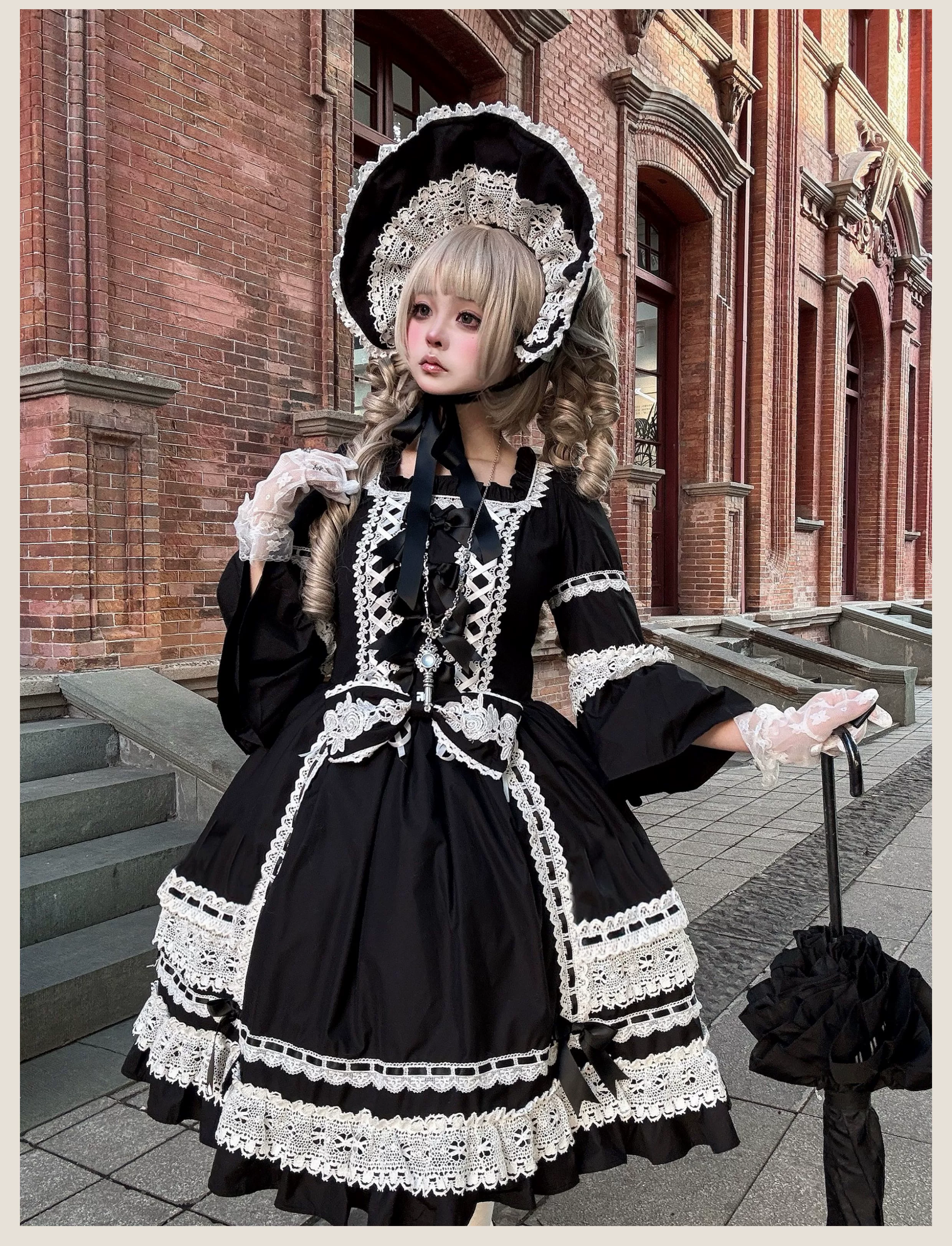 First Otome - Black Old School Lolita OP Dress, Lace Details - Image 9