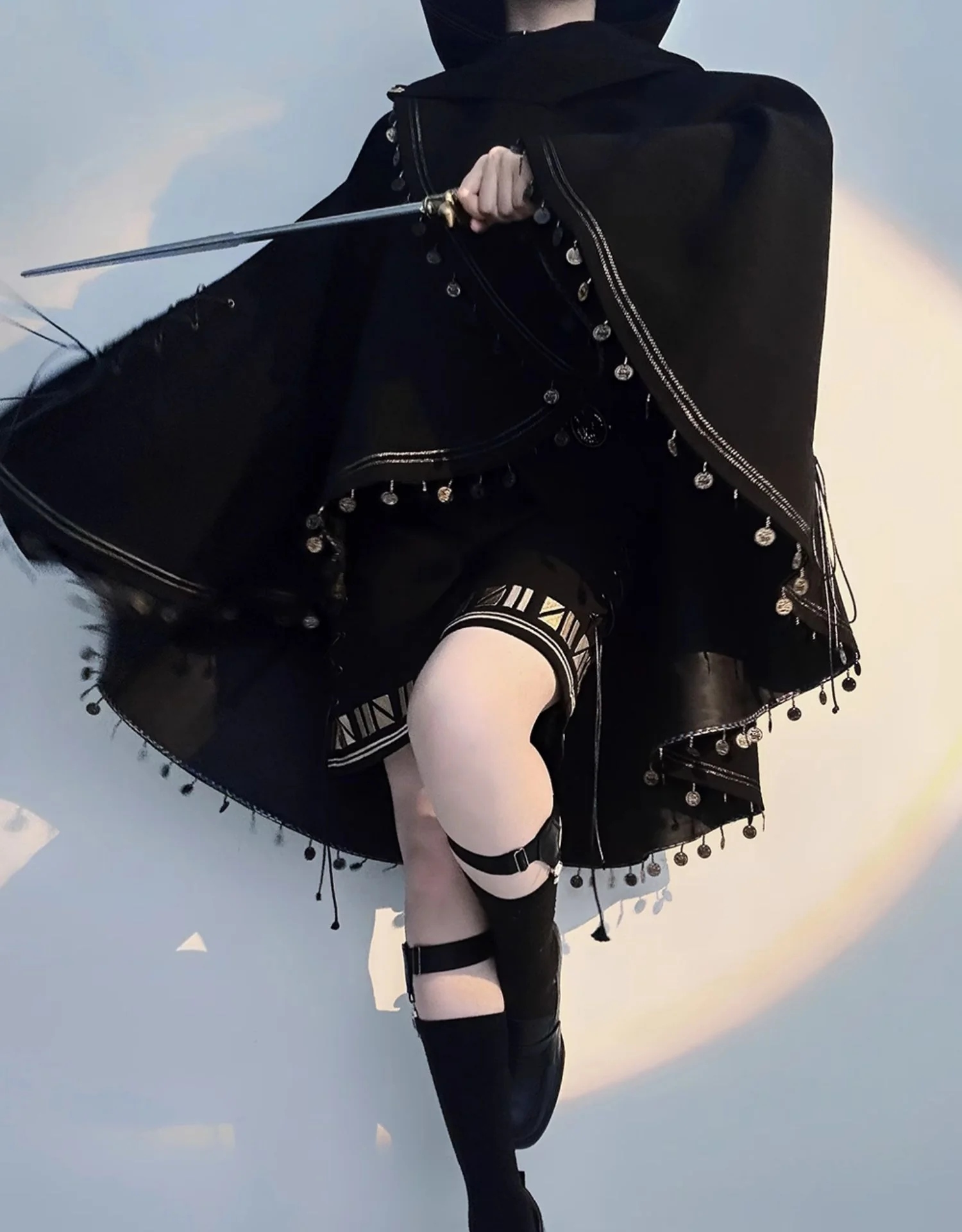Black Cat - Black Ouji Lolita Cape with Cool Cat Ear Hood - Image 12