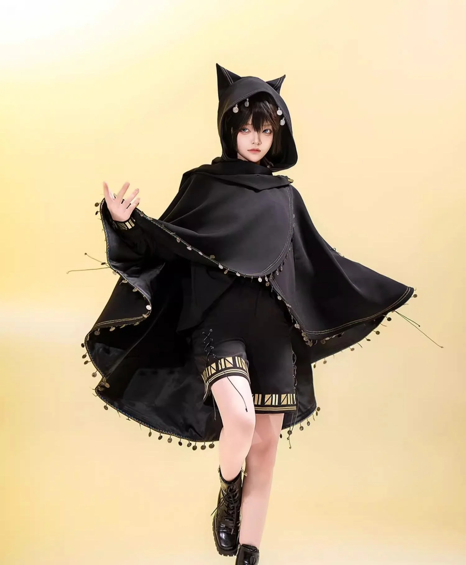 Black Cat - Black Ouji Lolita Cape with Cool Cat Ear Hood - Image 4