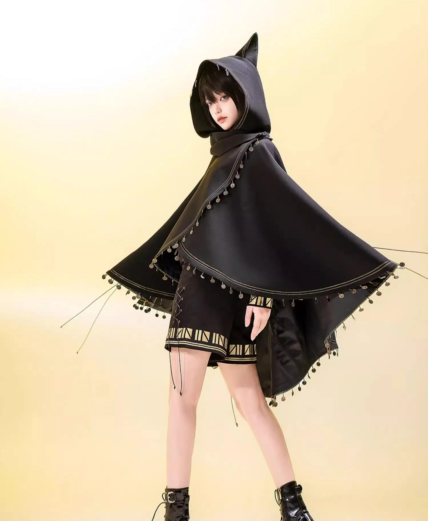 Black Cat - Black Ouji Lolita Cape with Cool Cat Ear Hood - Image 6