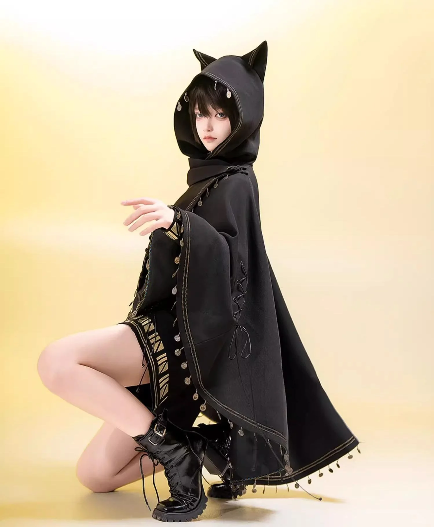 Black Cat - Black Ouji Lolita Cape with Cool Cat Ear Hood - Image 7