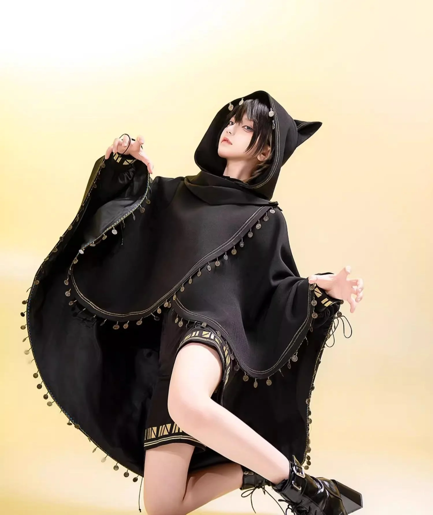 Black Cat - Black Ouji Lolita Cape with Cool Cat Ear Hood - Image 8