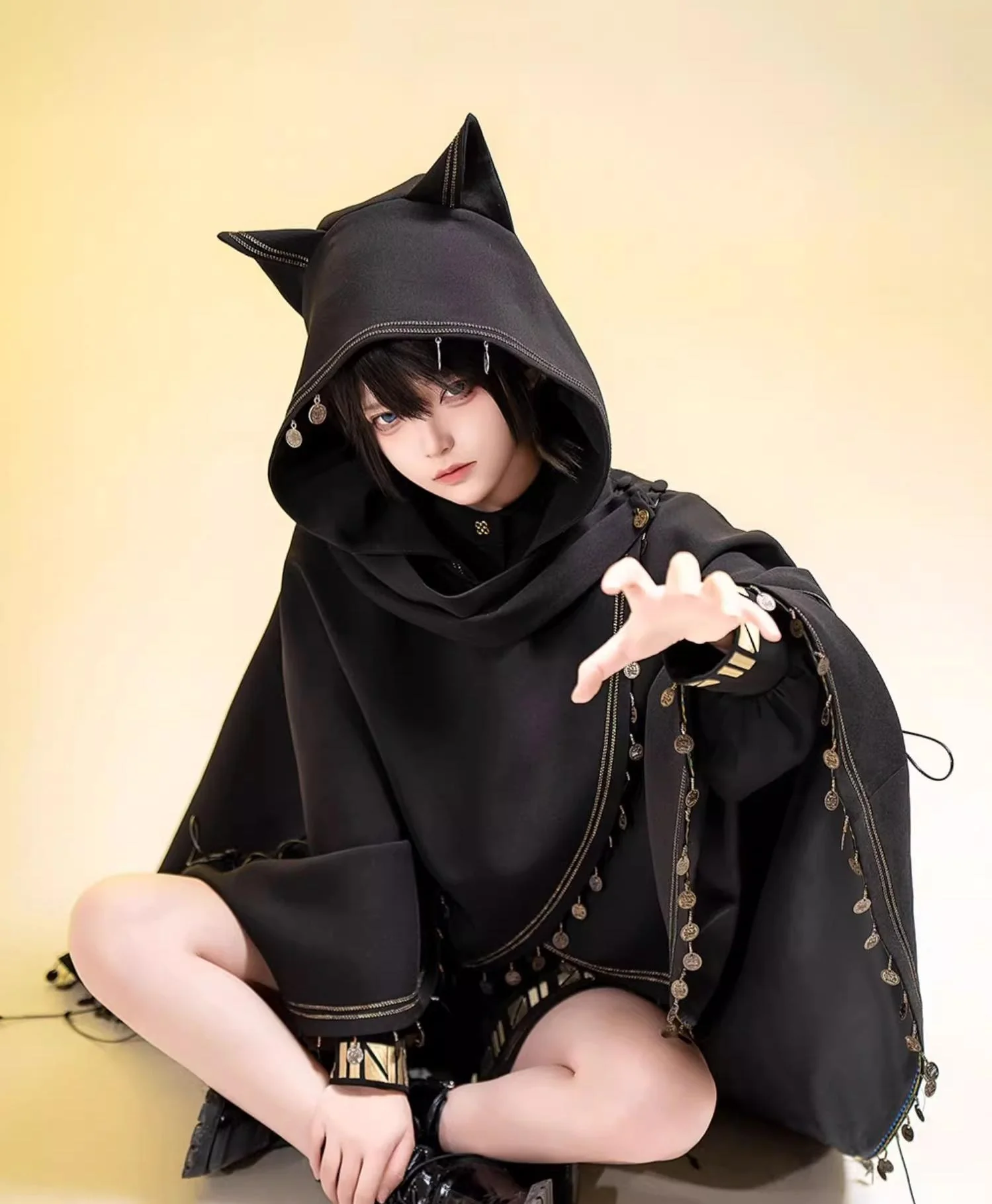 Black Cat - Black Ouji Lolita Cape with Cool Cat Ear Hood - Image 9