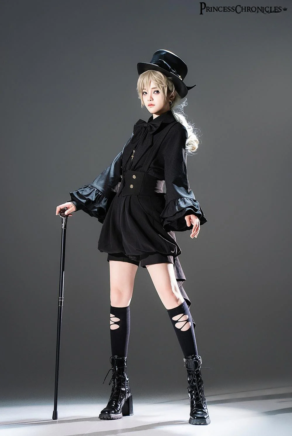 Doll - Black Ouji Lolita Shirt with Removable Large Bow Tie - Image 4