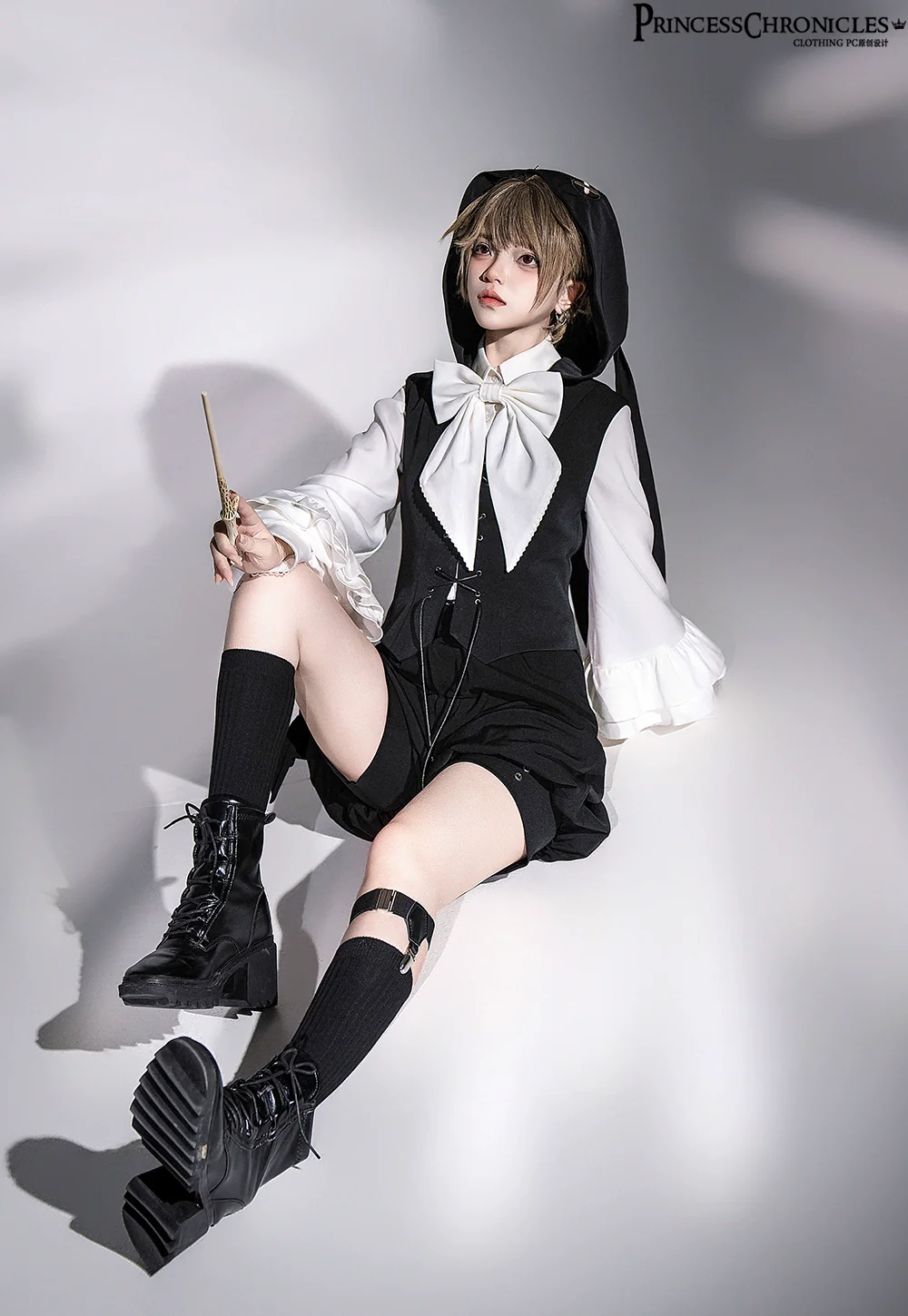 Rabbit Feather - Black Ouji Lolita Vest Shorts Suit Prince Cloak Set - Image 10
