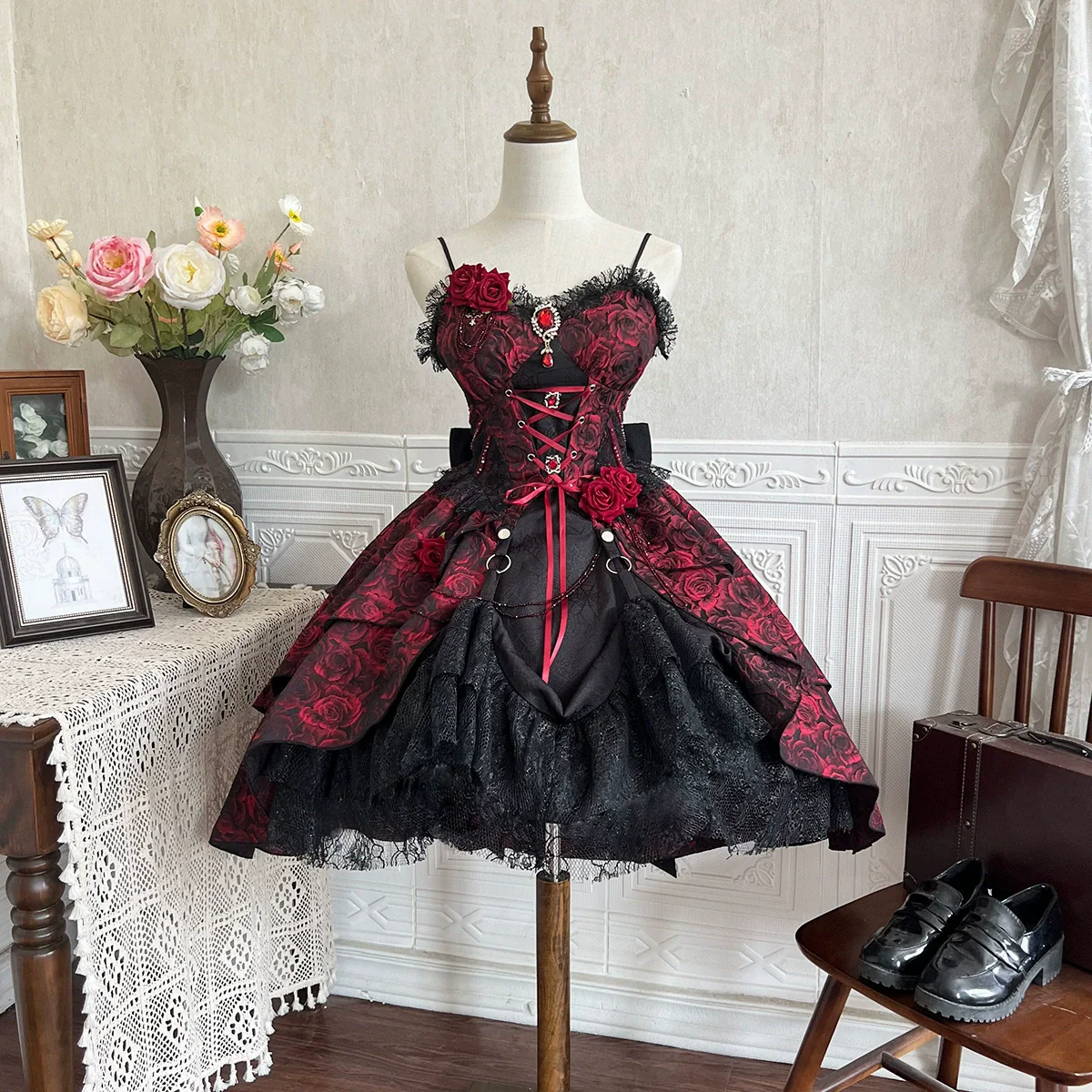 Rose Blood - Black Red Gothic Lolita JSK Jacquard Court Dress - Image 19