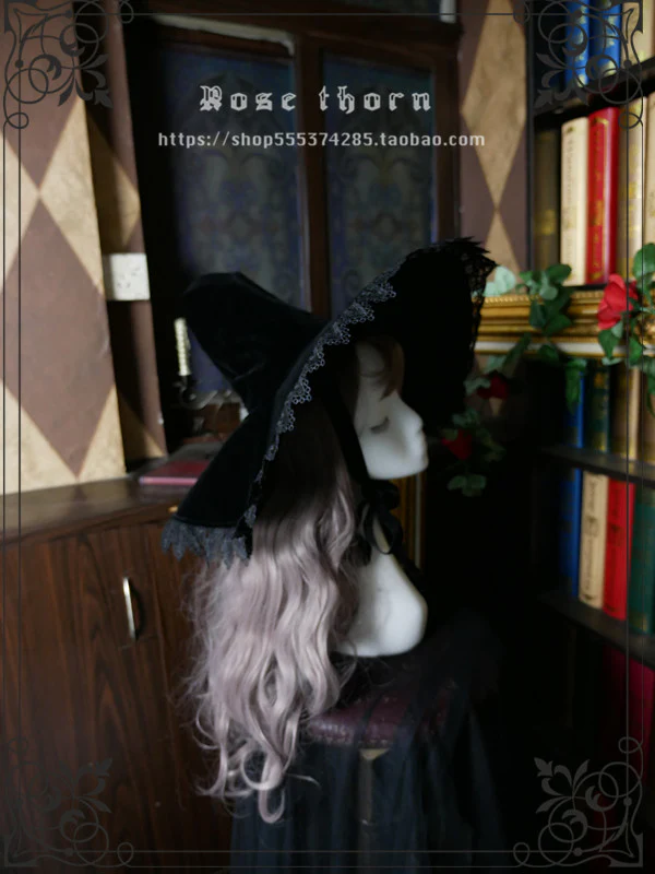 Rose Thorn - Black Wizard - Velvet Daily Lolita Hallowen Hat - Image 10