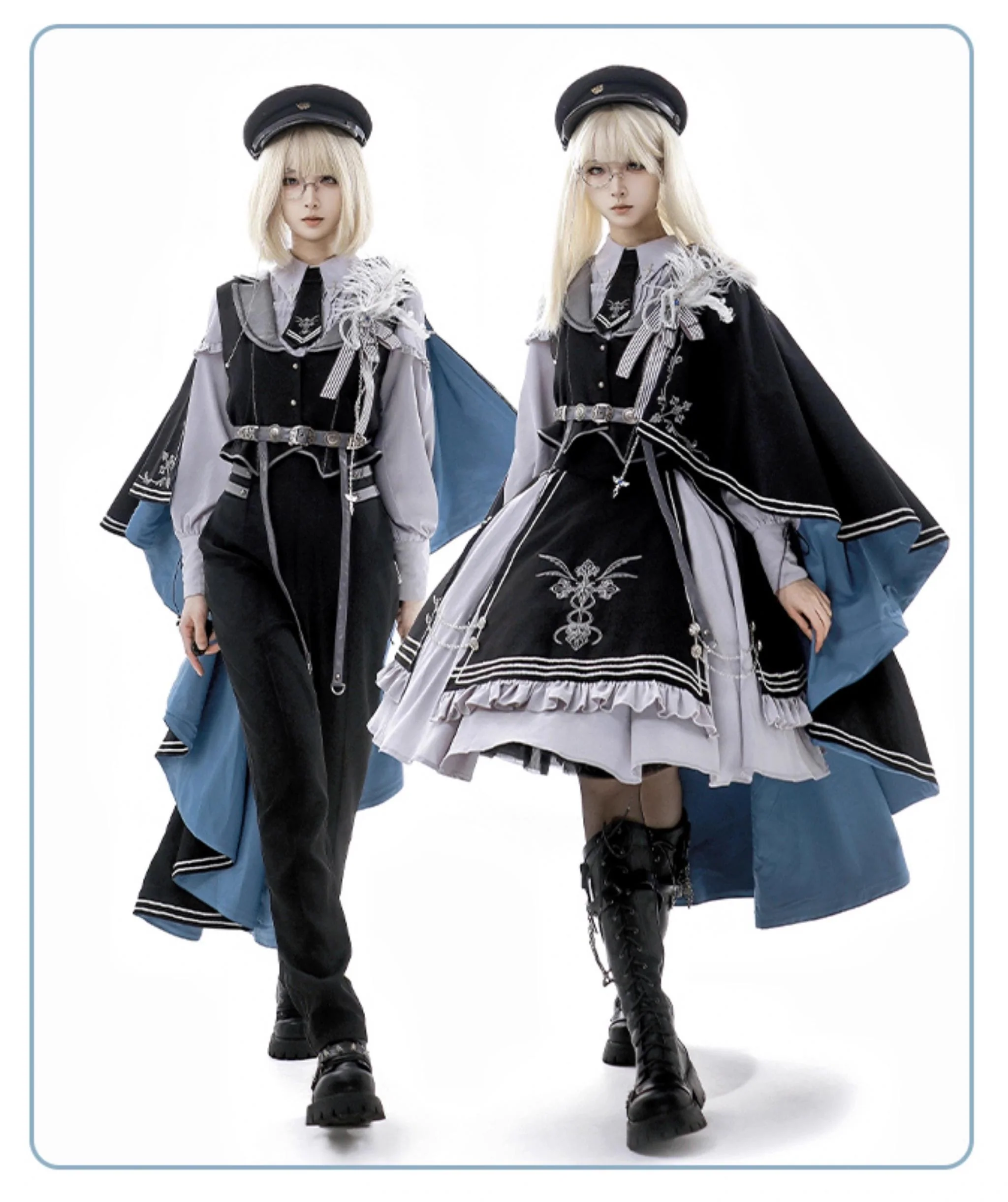 Dark Night Contract - Blue Military Lolita Pants Long Cape Couple Suit - Image 10