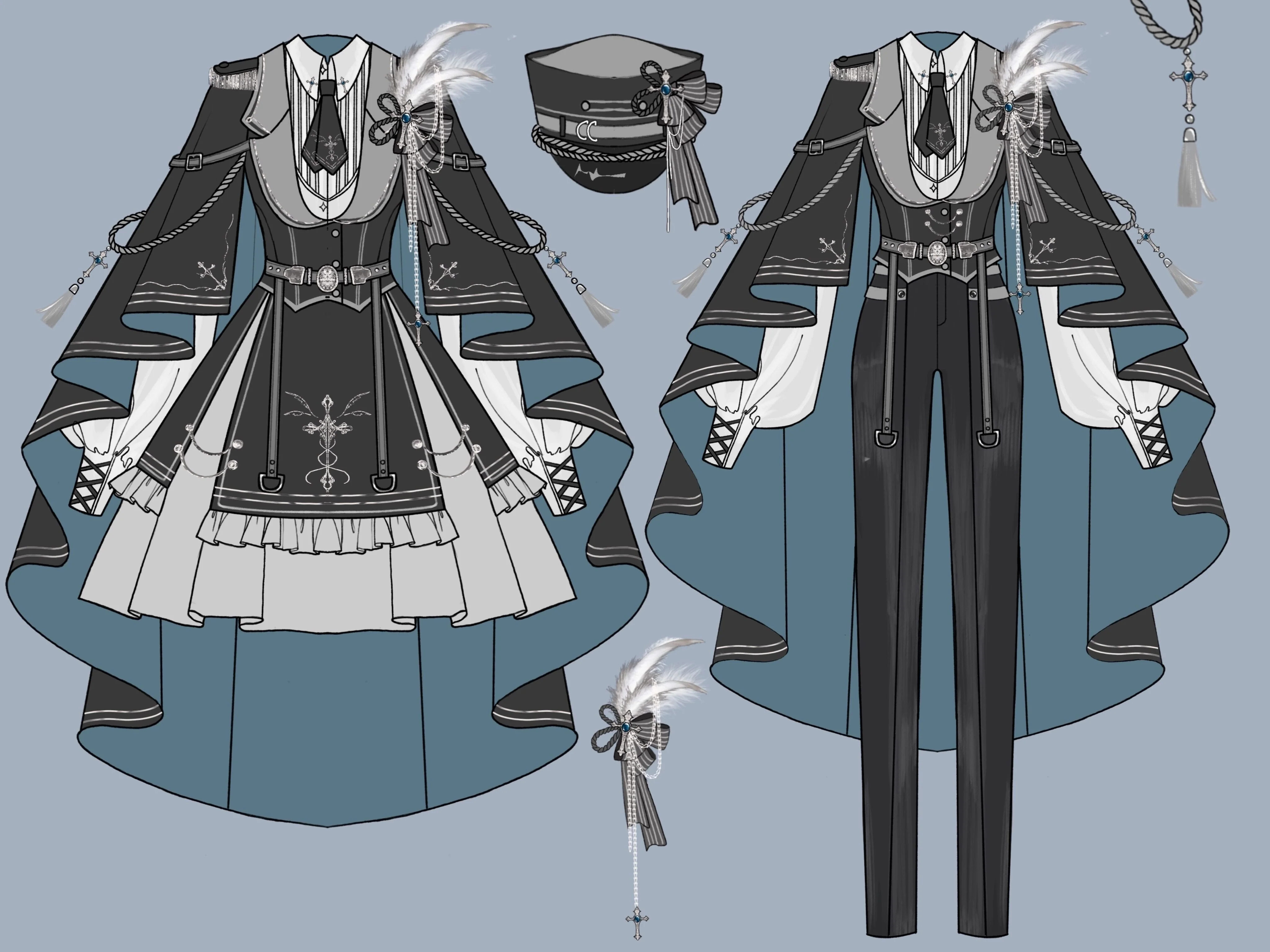 Dark Night Contract - Blue Military Lolita Pants Long Cape Couple Suit - Image 12