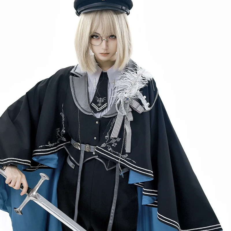 Dark Night Contract - Blue Military Lolita Pants Long Cape Couple Suit - Image 17