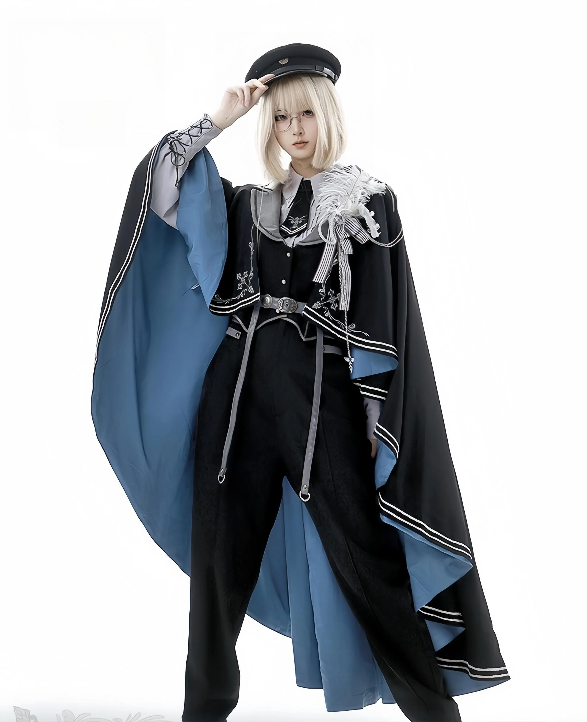 Dark Night Contract - Blue Military Lolita Pants Long Cape Couple Suit - Image 3