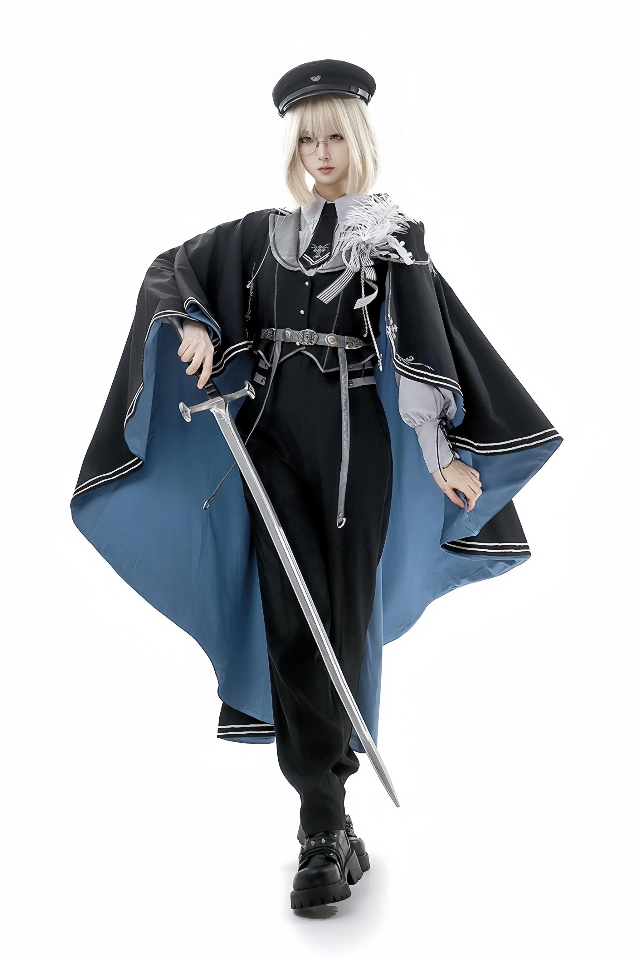 Dark Night Contract - Blue Military Lolita Pants Long Cape Couple Suit - Image 4