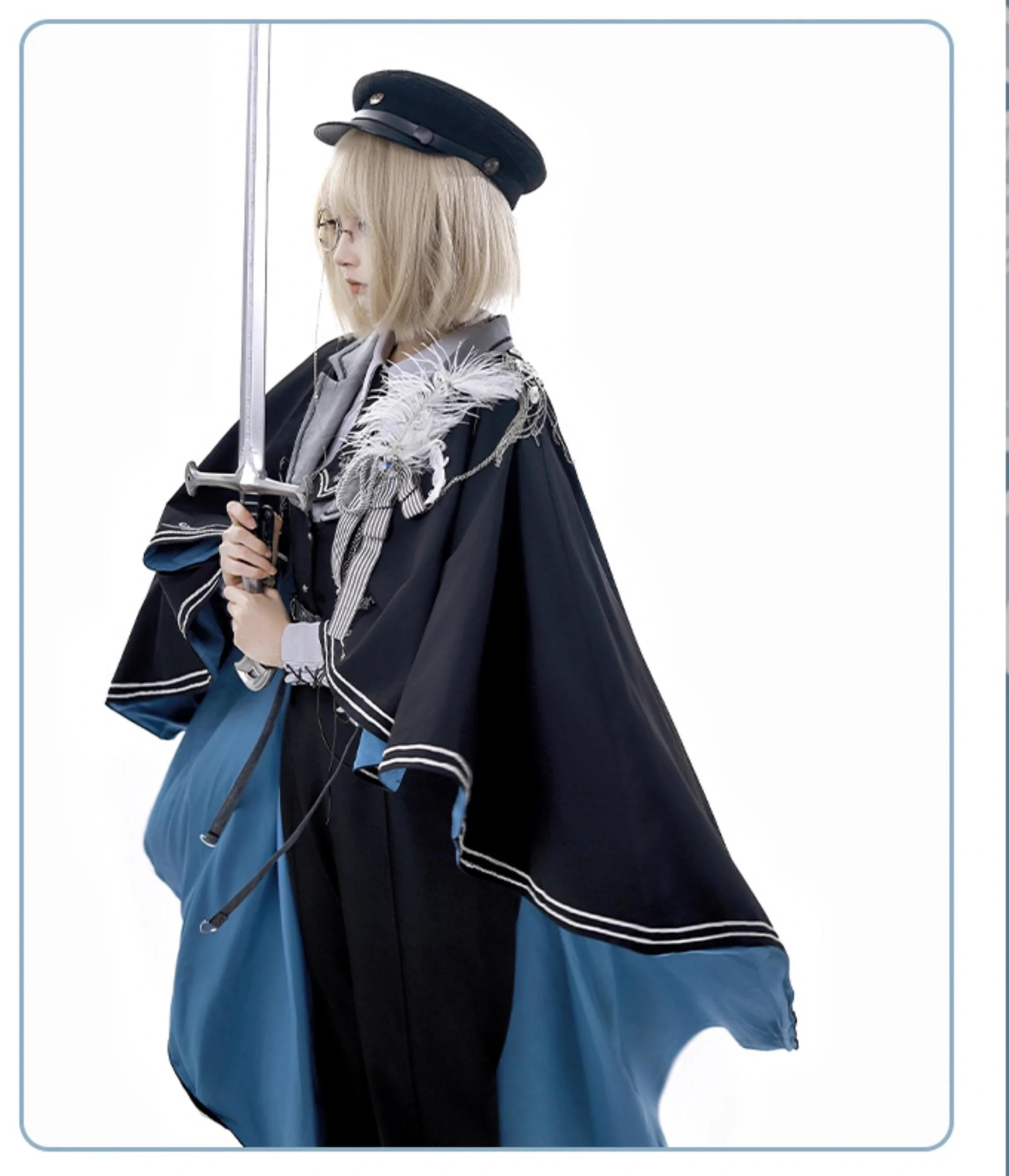 Dark Night Contract - Blue Military Lolita Pants Long Cape Couple Suit - Image 6
