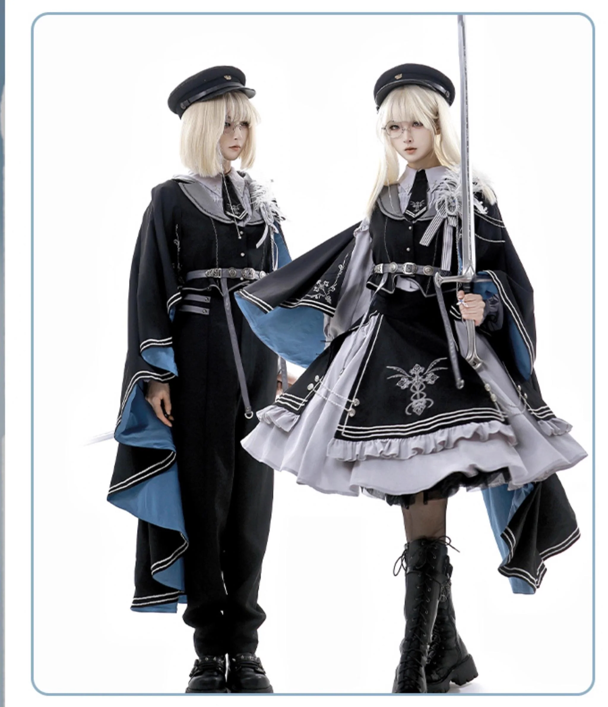 Dark Night Contract - Blue Military Lolita Pants Long Cape Couple Suit - Image 9