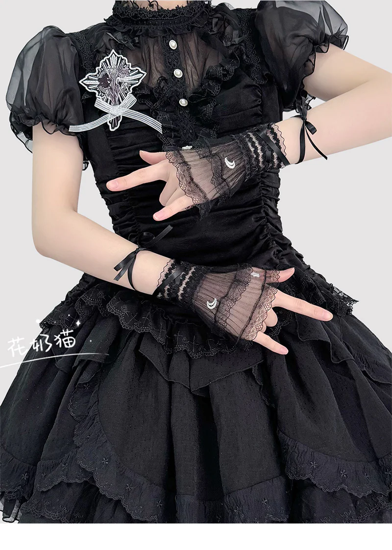 Hua Nai Cat - Star and Moon - Bridal Lolita Cuffs White and Black Ballet Style Lace Cuffs - Image 7