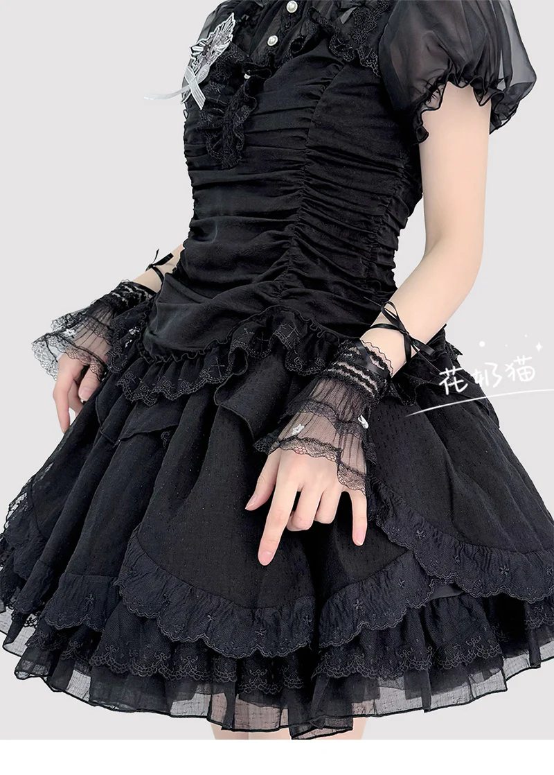 Hua Nai Cat - Star and Moon - Bridal Lolita Cuffs White and Black Ballet Style Lace Cuffs - Image 9