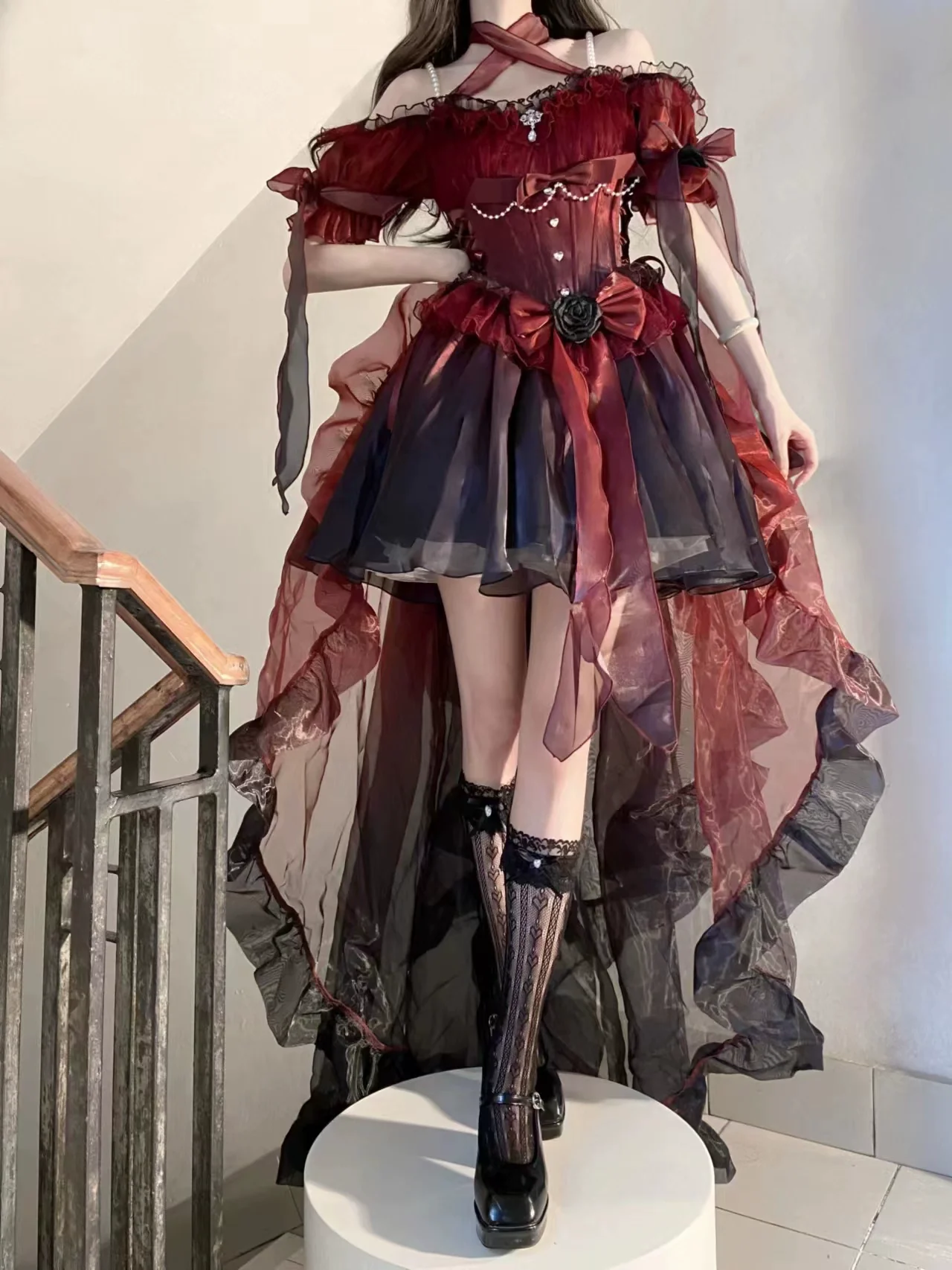 Meowing and fruity - Elegant Lolita Gradient Dark Blue Prom Dress Set - Image 11